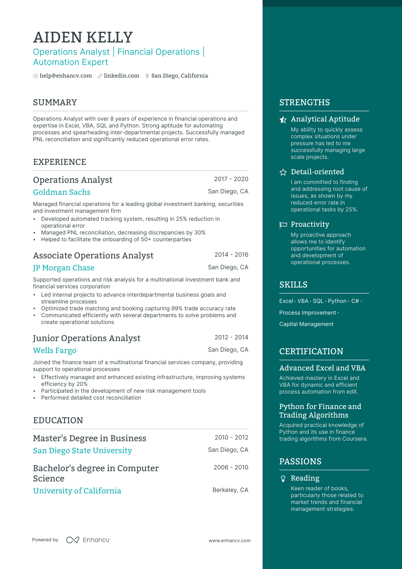 Operations Analyst resume example