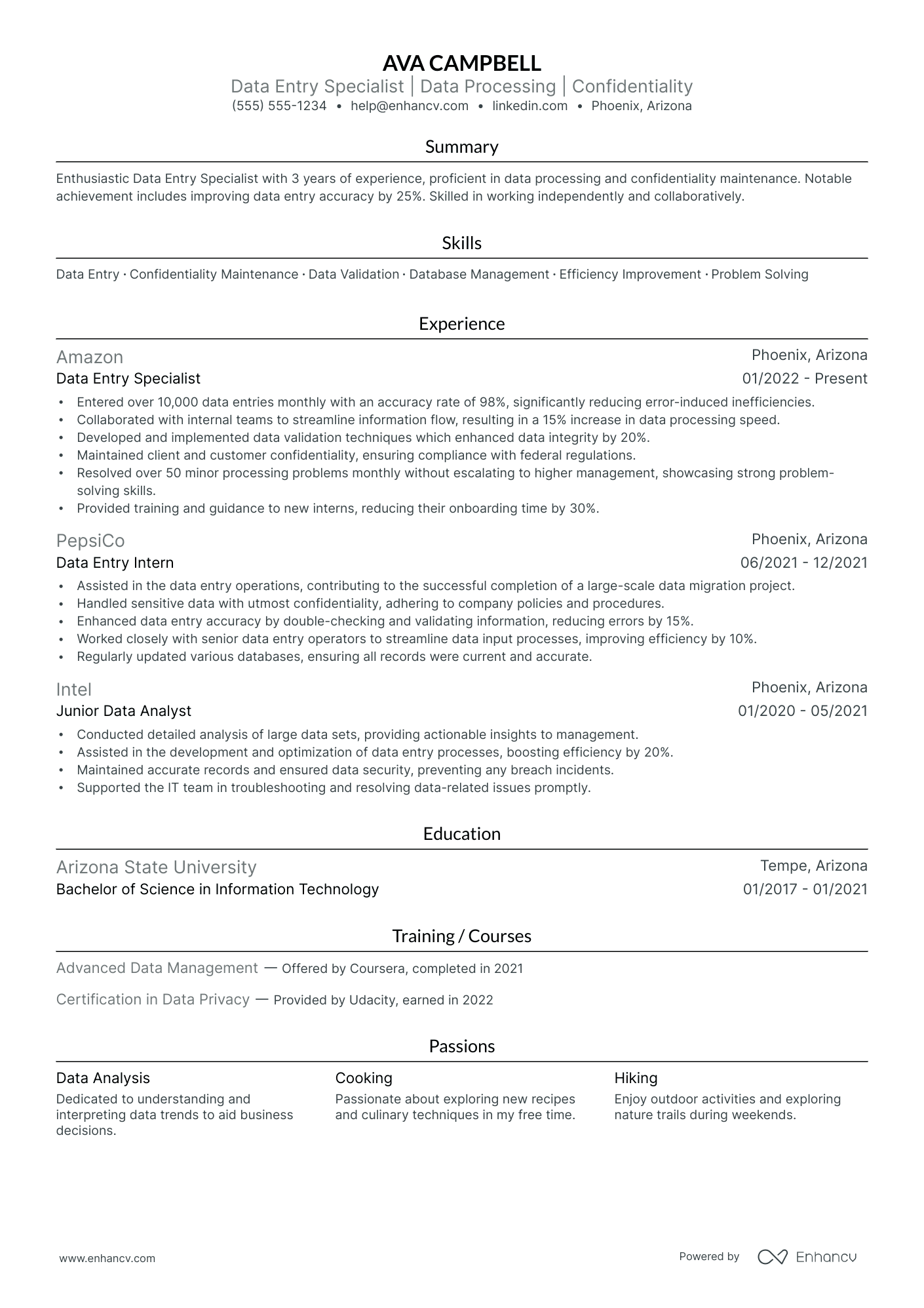 Night Shift Data Entry Operator resume example