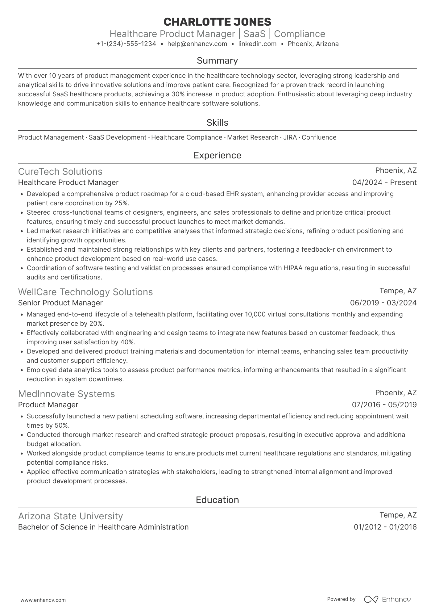 Healthcare Product Manager resume example
