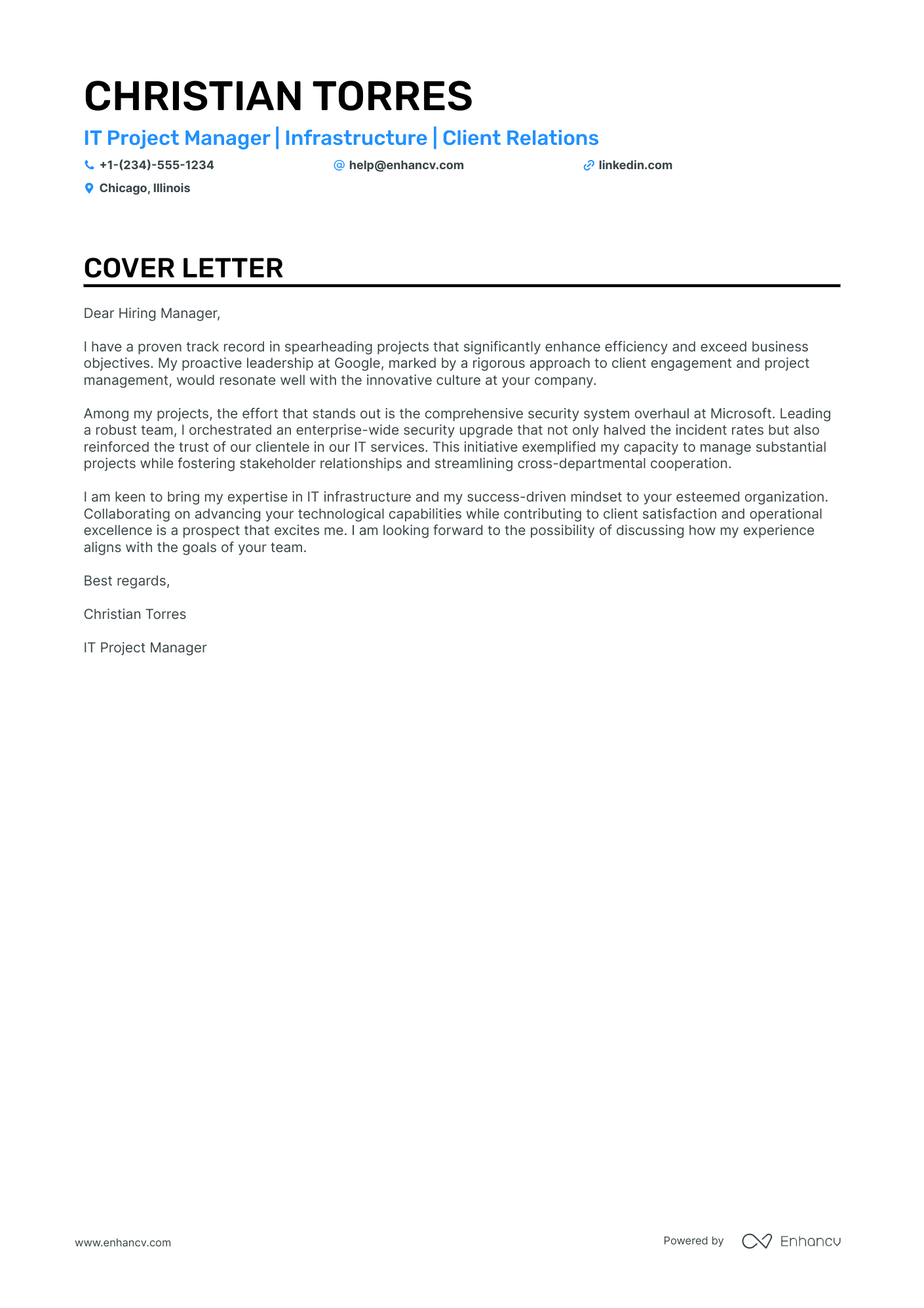 Infrastructure Project Manager cover letter