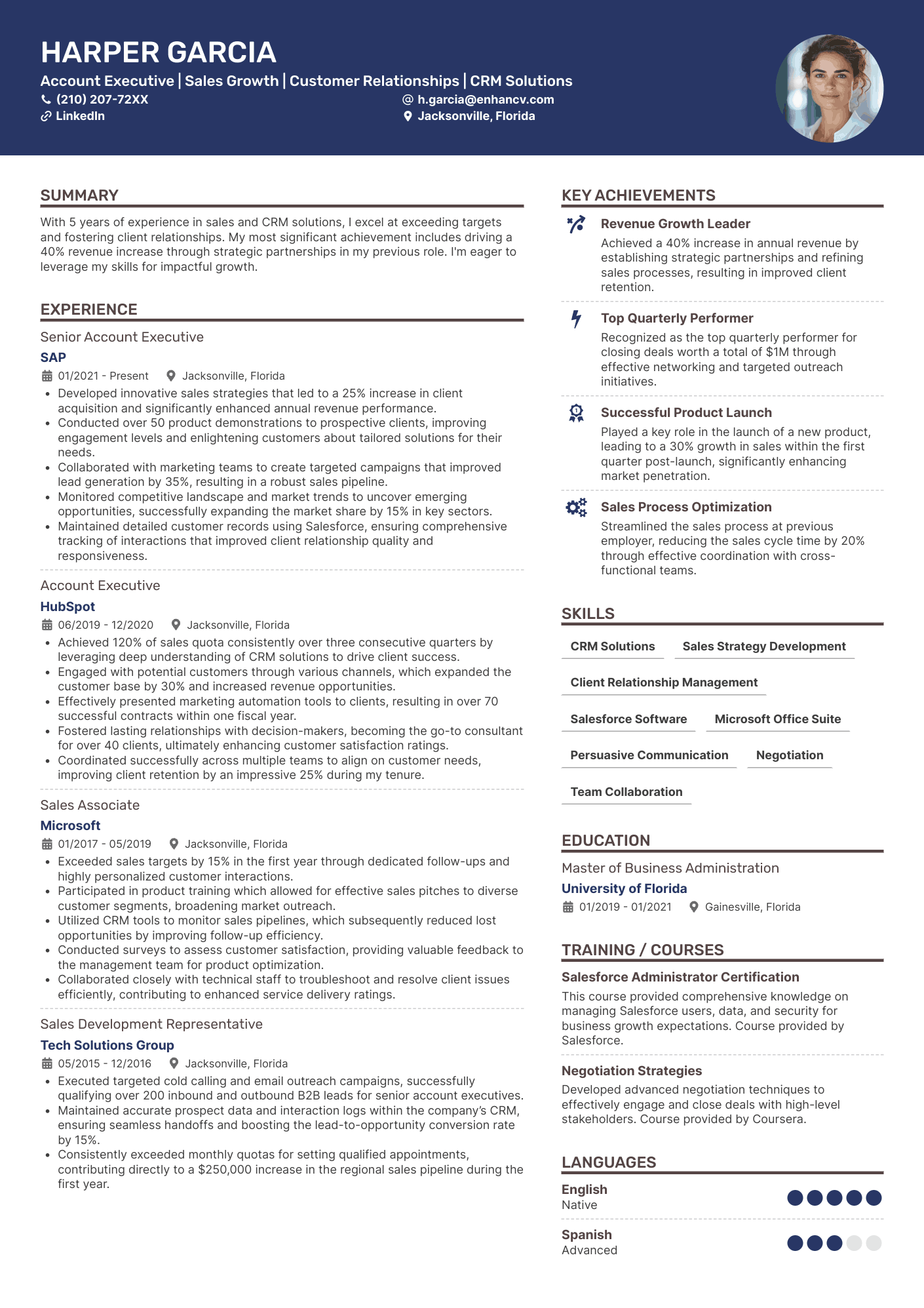 Navy Creative resume template A creative resume template for a graphic designer with purple accent colors and a photo.