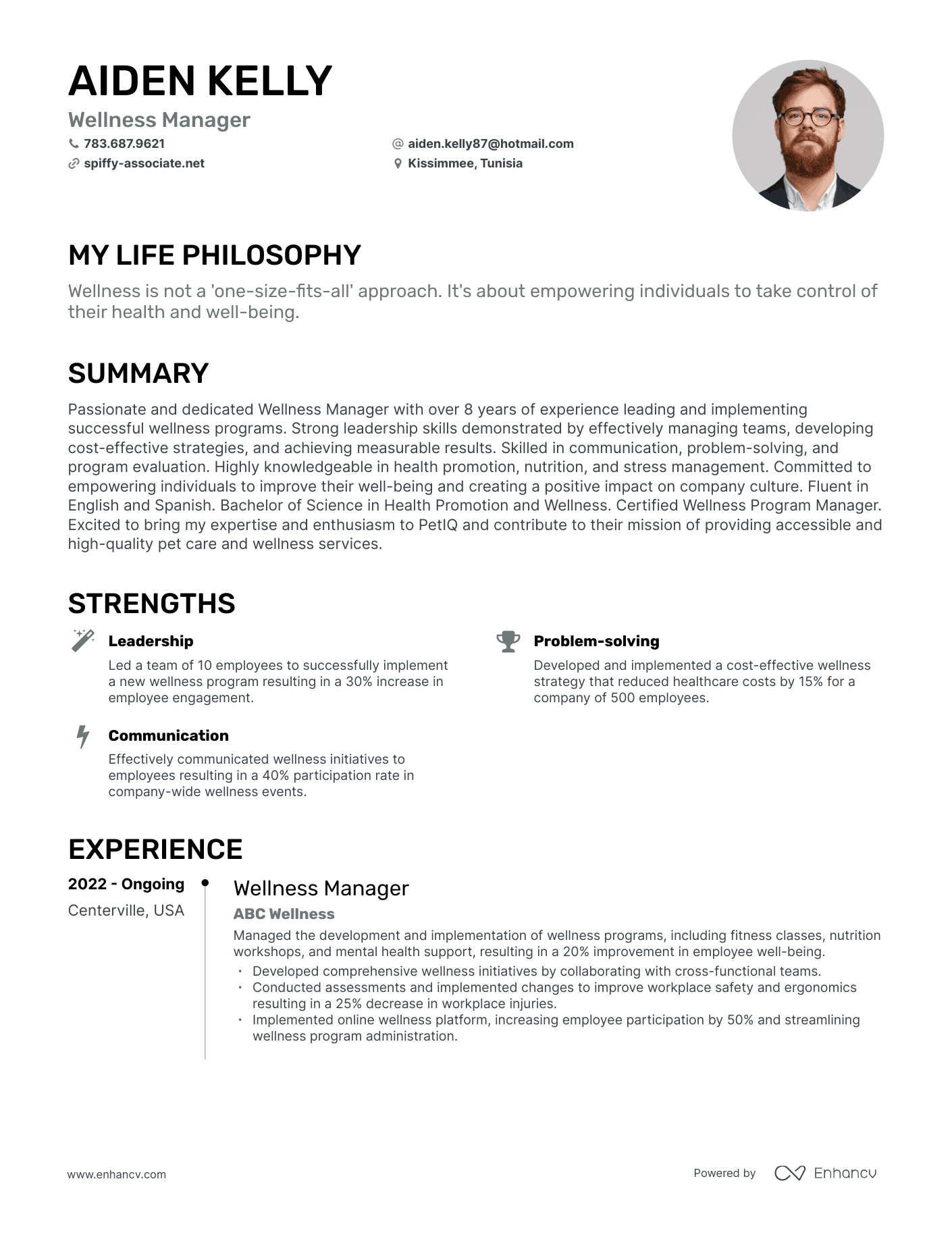 Creative Wellness Manager Resume Example