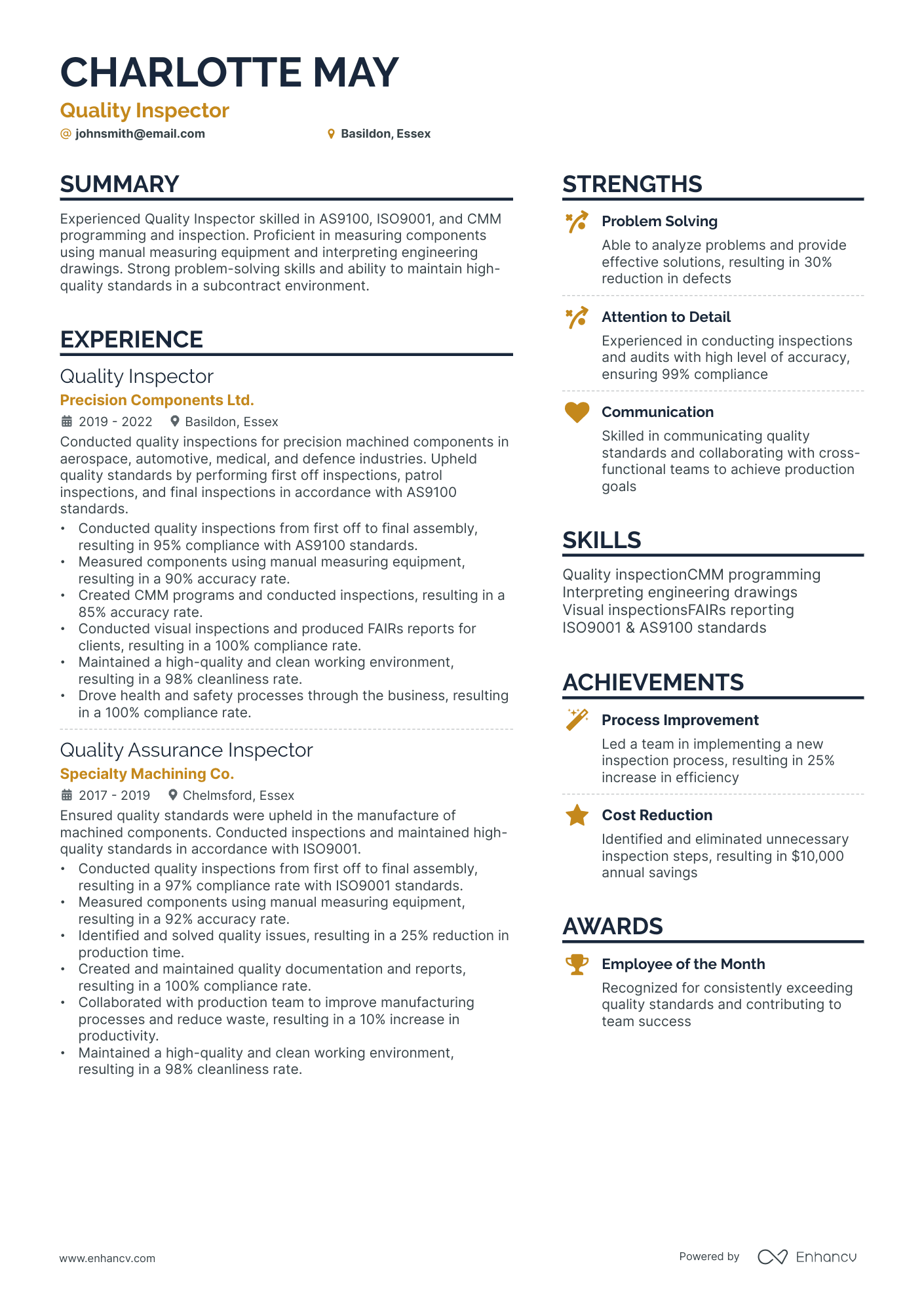 quality inspector resume example