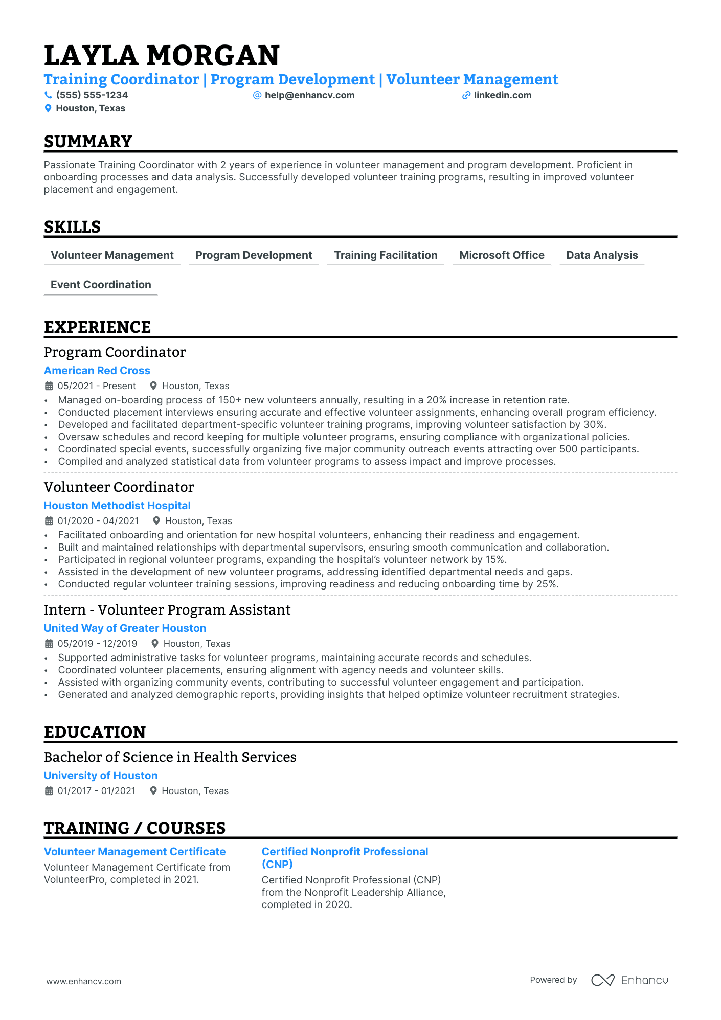 Volunteer Training Specialist resume example