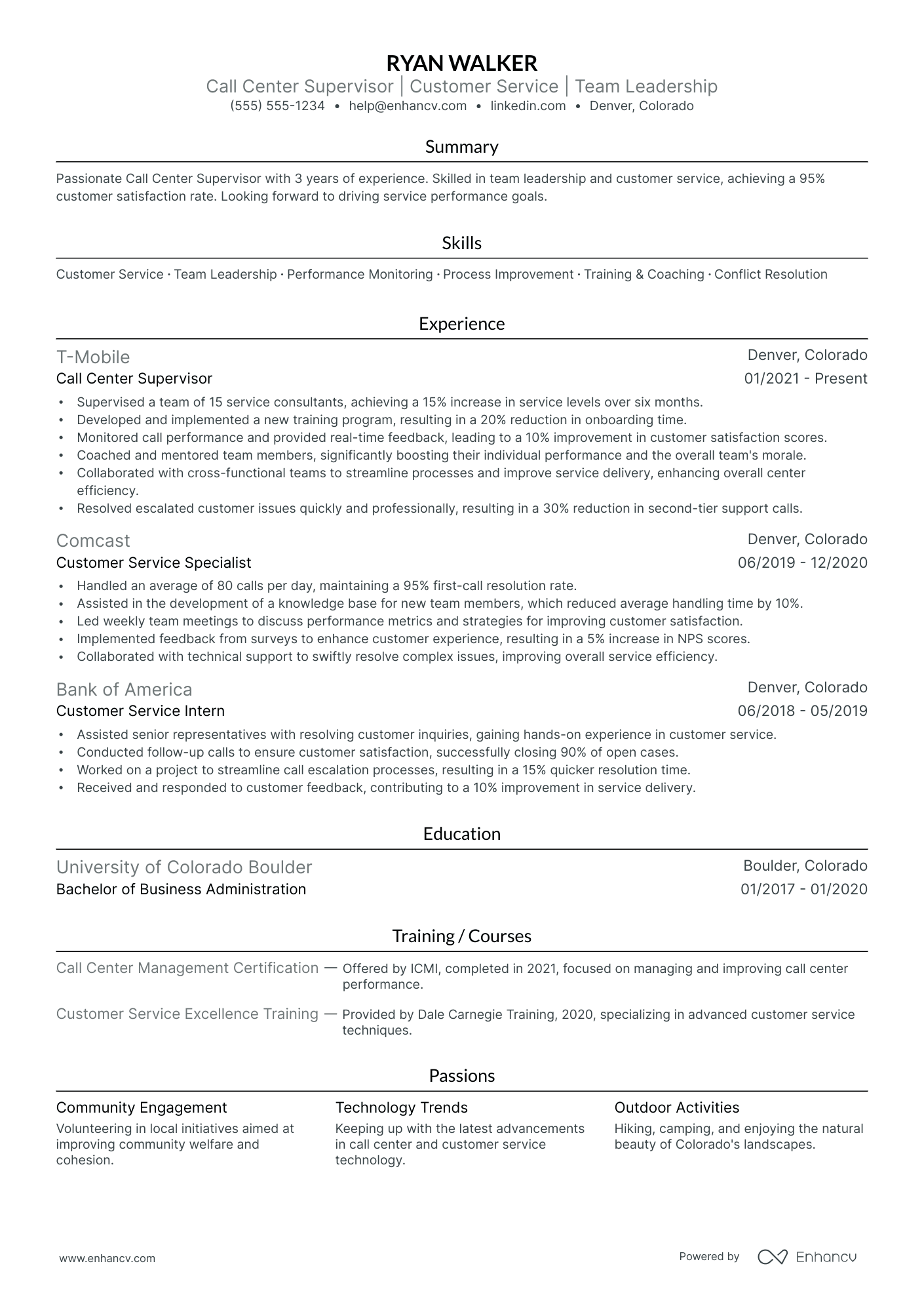 Call Center Supervisor resume example