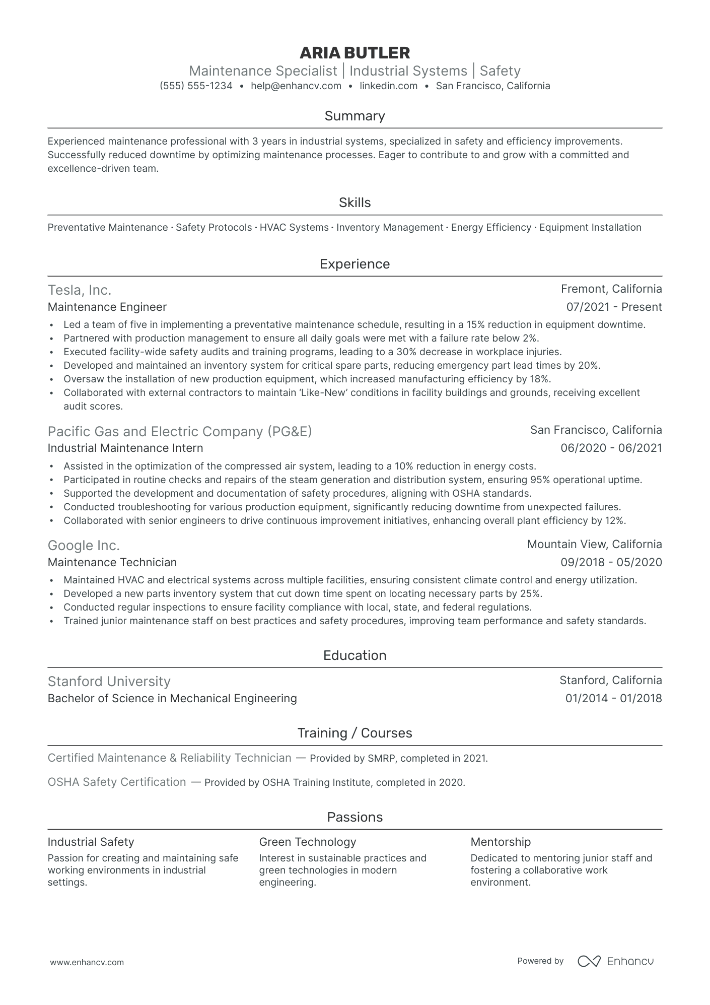 Industrial Maintenance Engineer resume example