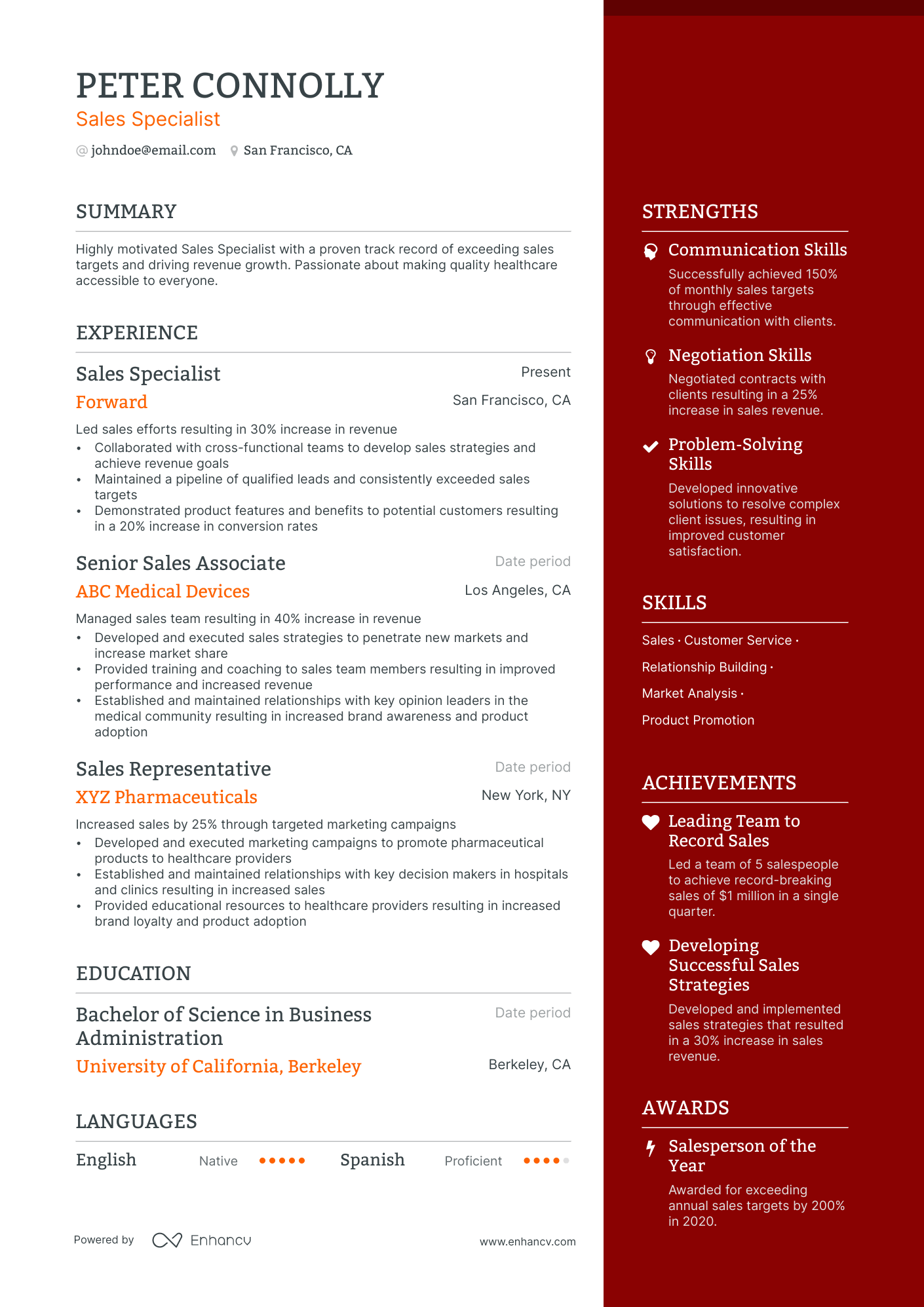 Sales Specialist resume example