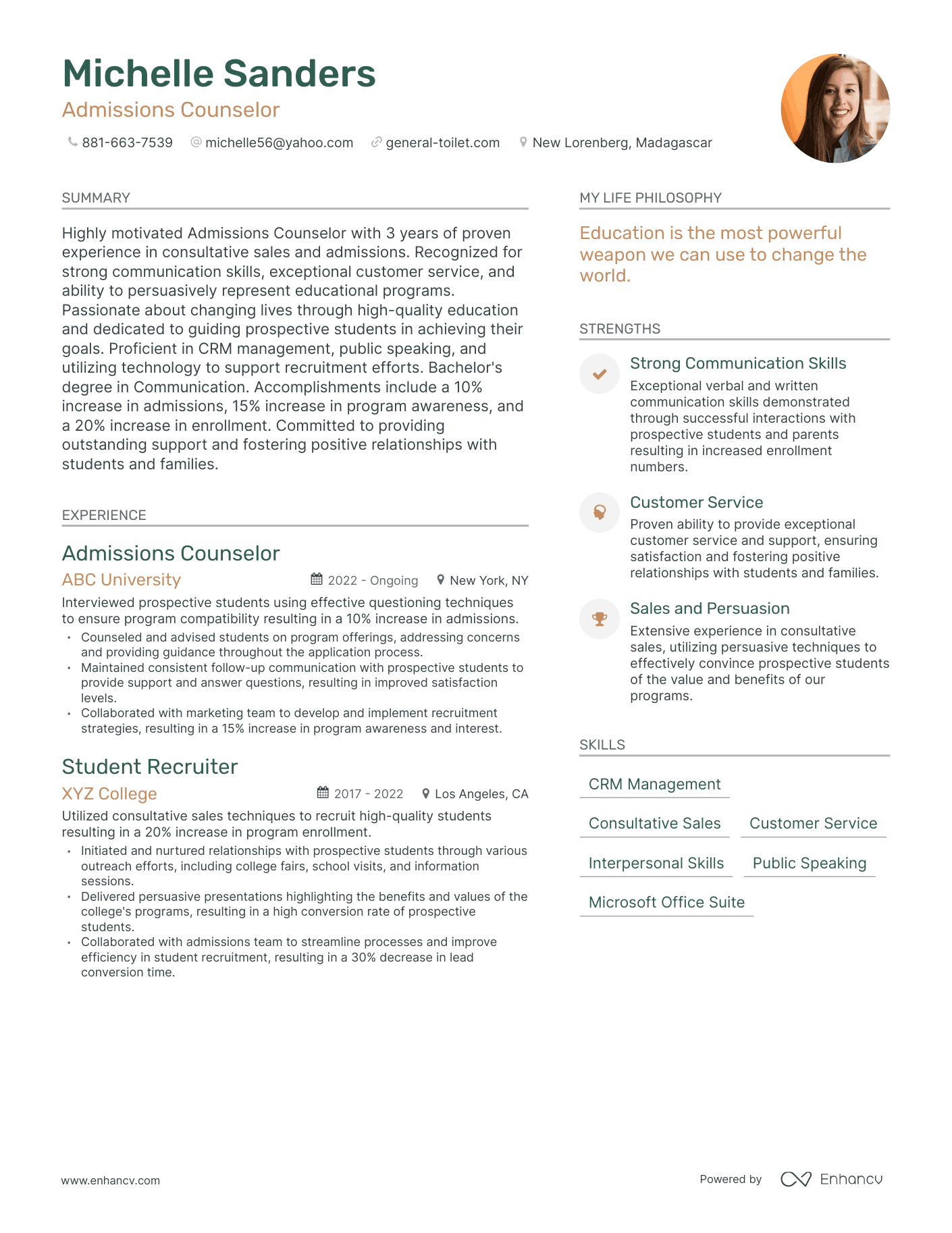 Modern Admissions Counselor Resume Example