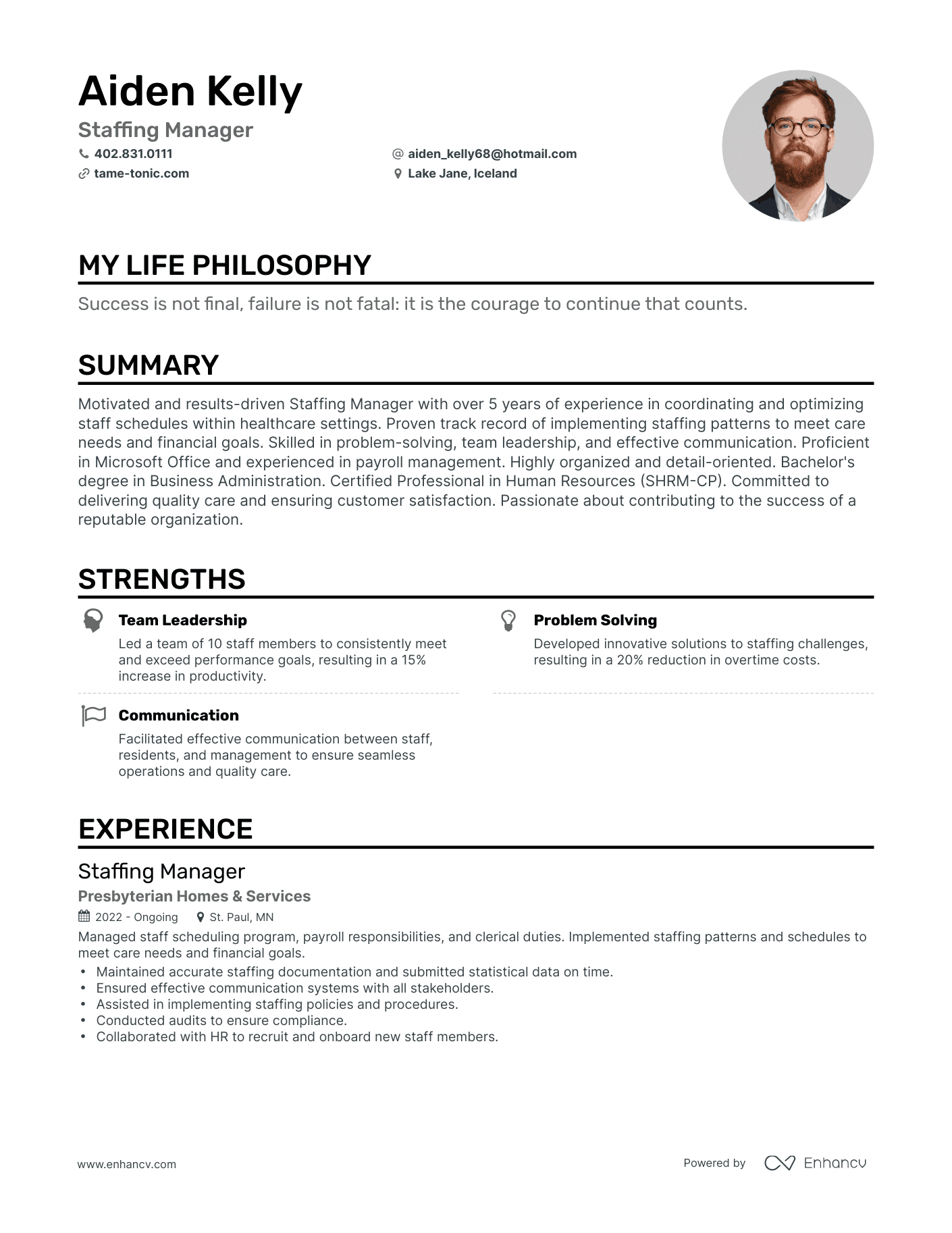 Creative Staffing Manager Resume Example