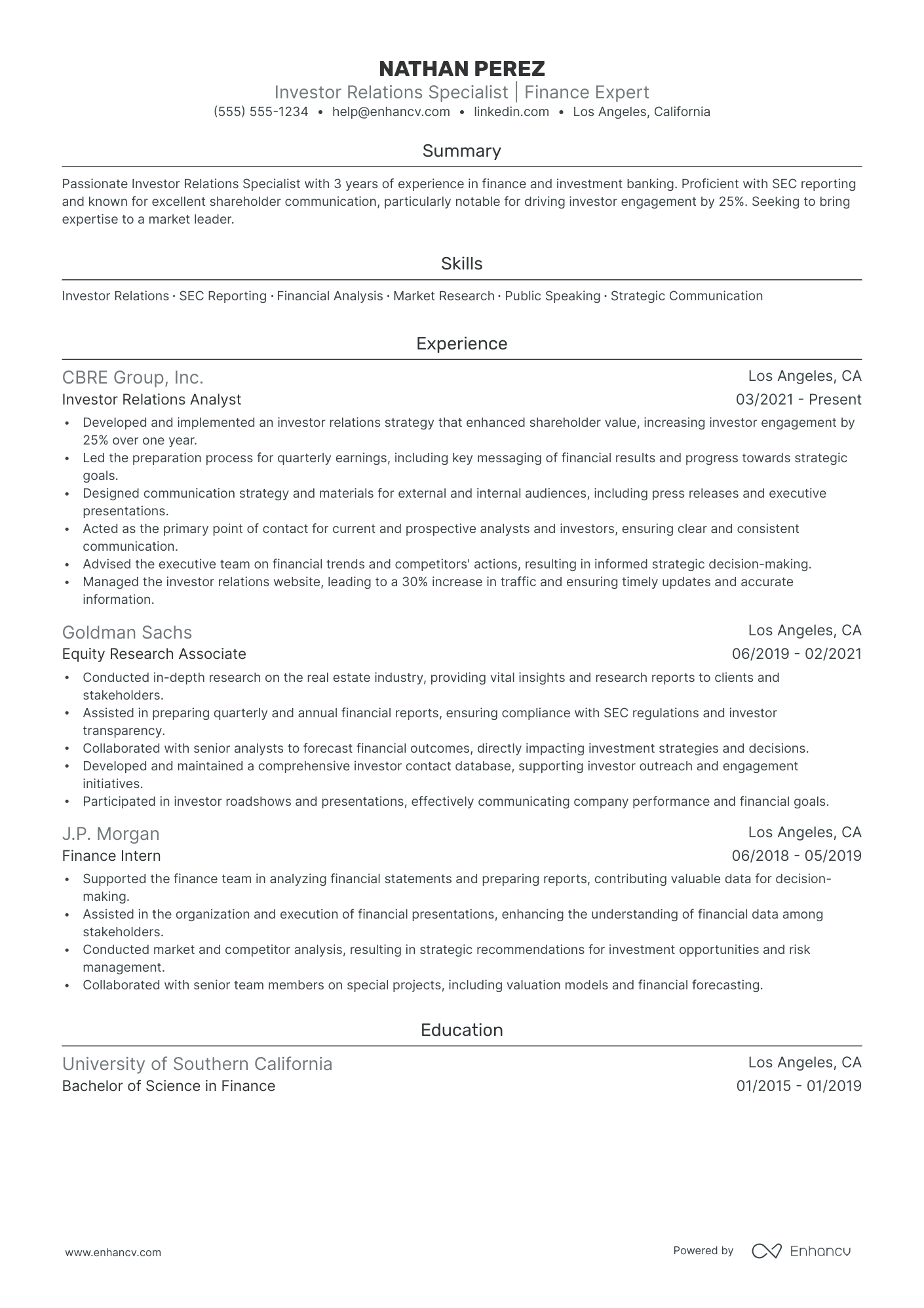 Investor Relations Analyst resume example