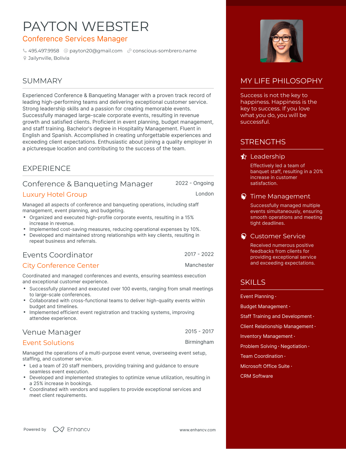 Conference Services Manager resume example