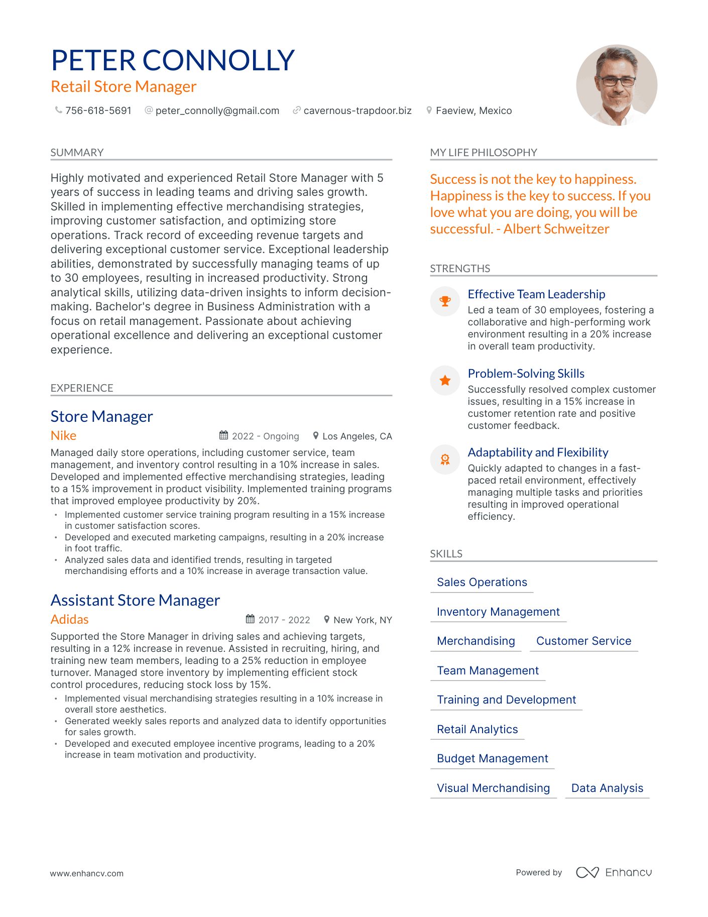 Retail Store Manager resume example