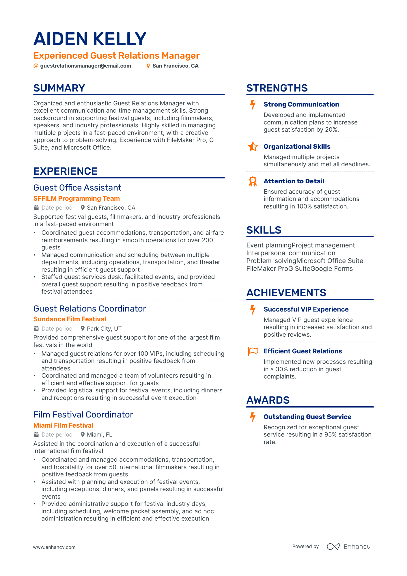 guest relations manager resume example
