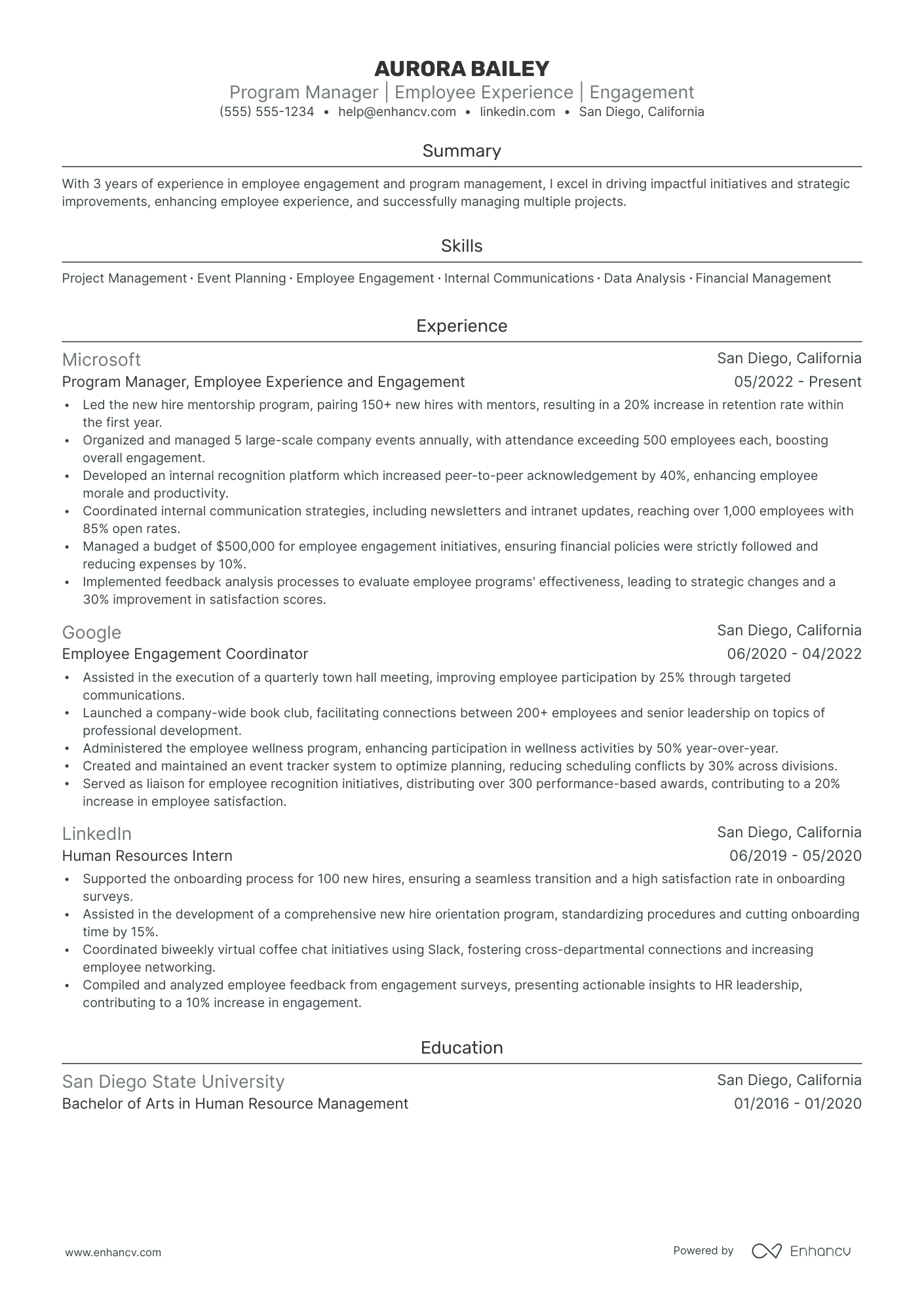 Employee Engagement Manager resume example