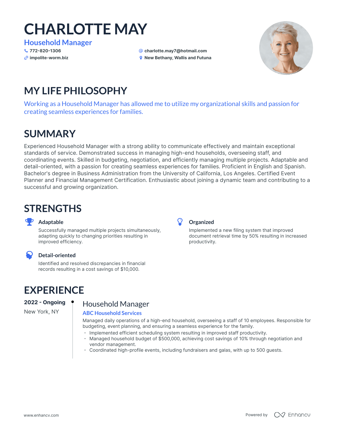 Creative Household Manager Resume Example