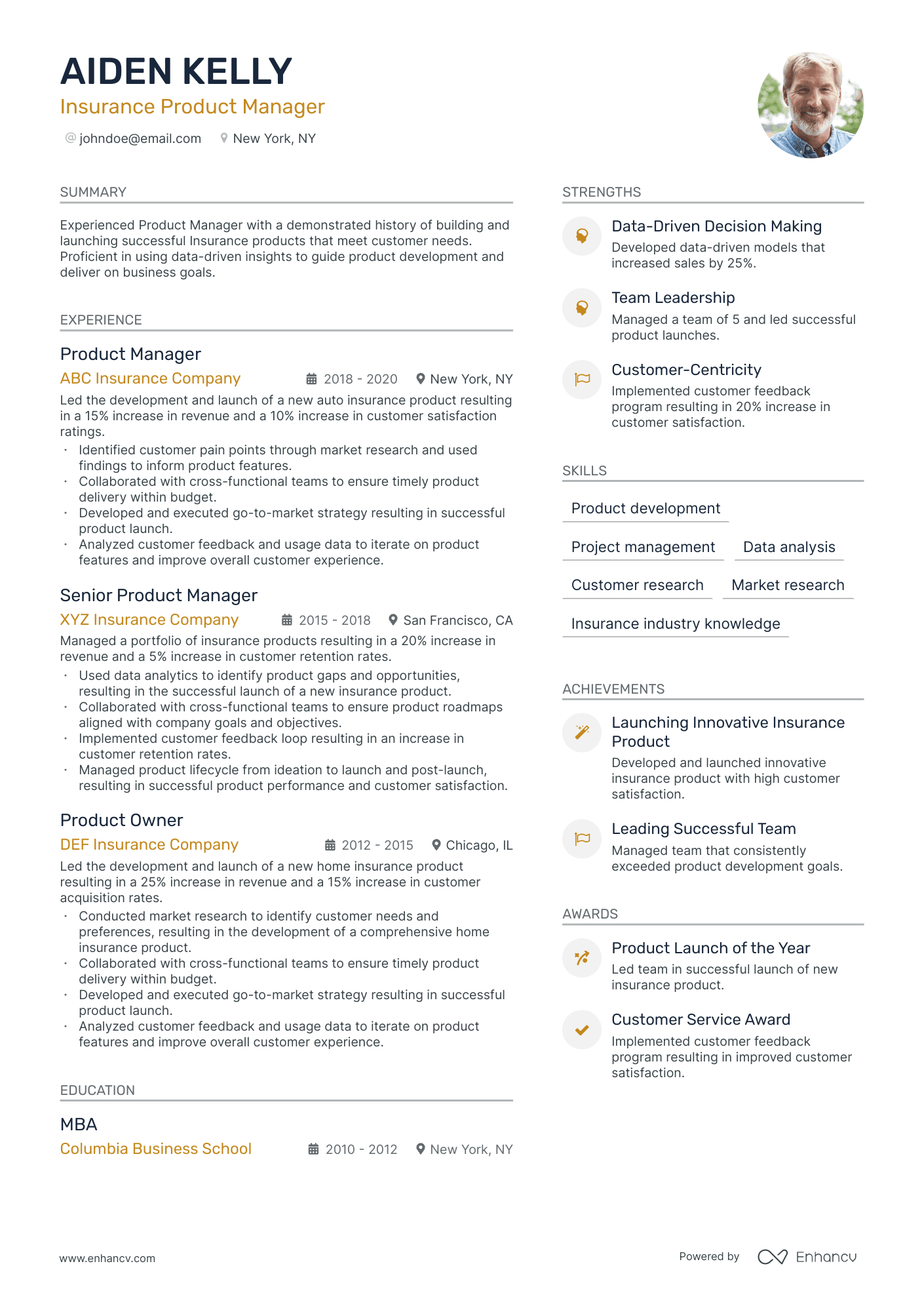 insurance product manager resume example