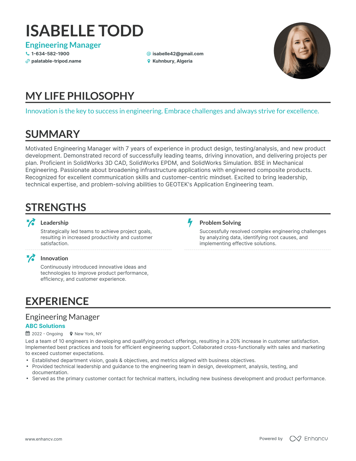 Creative Engineering Manager Resume Example