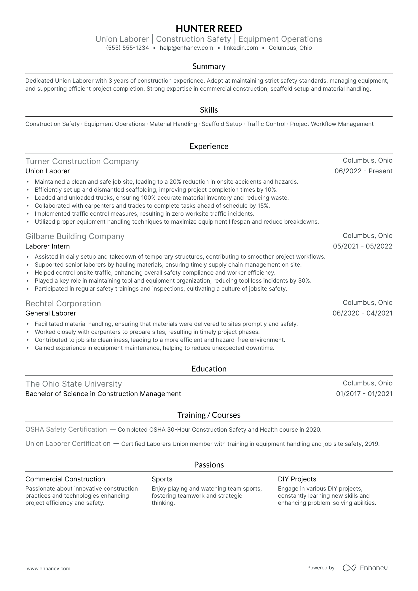 Construction resume example