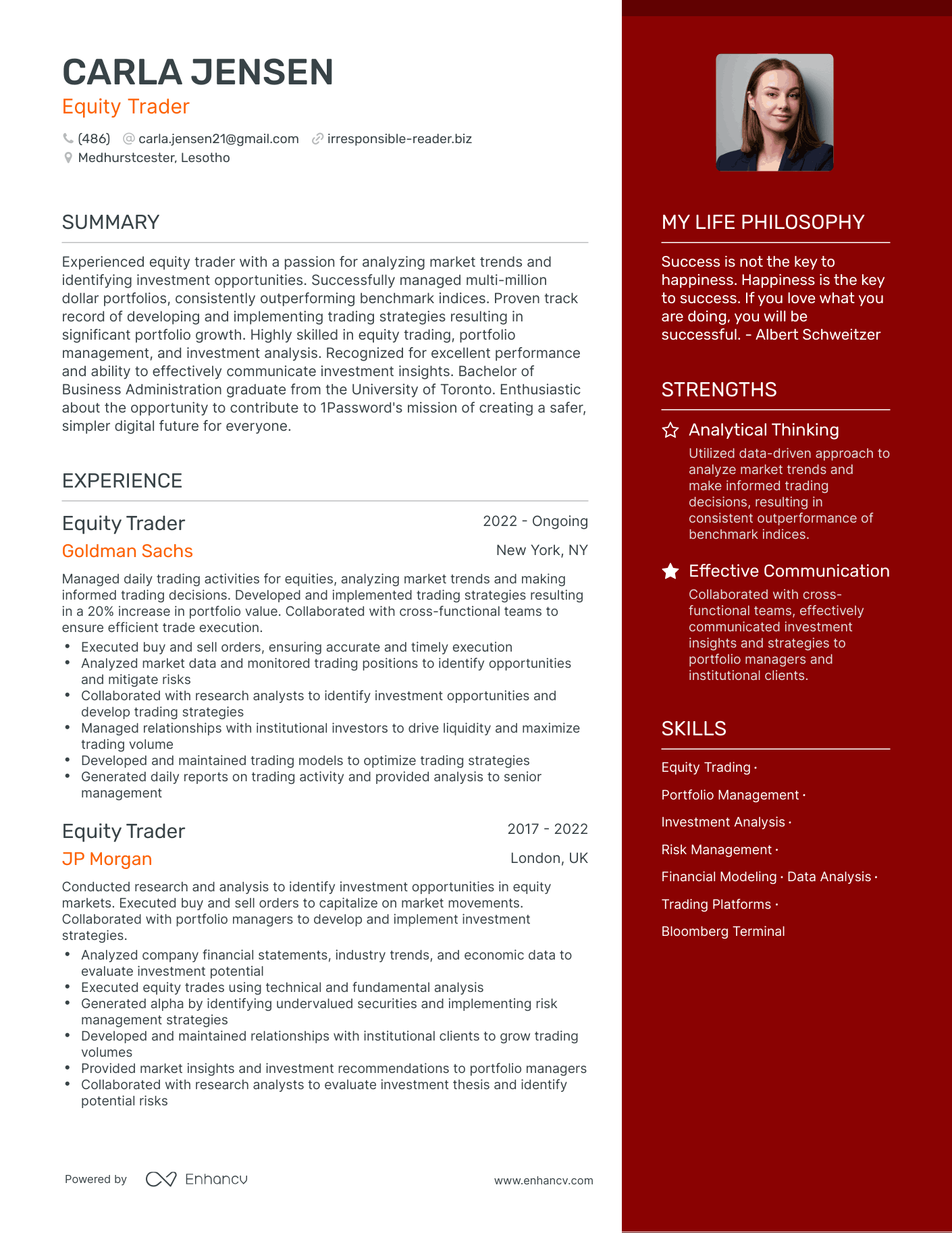 Equity Trader resume example