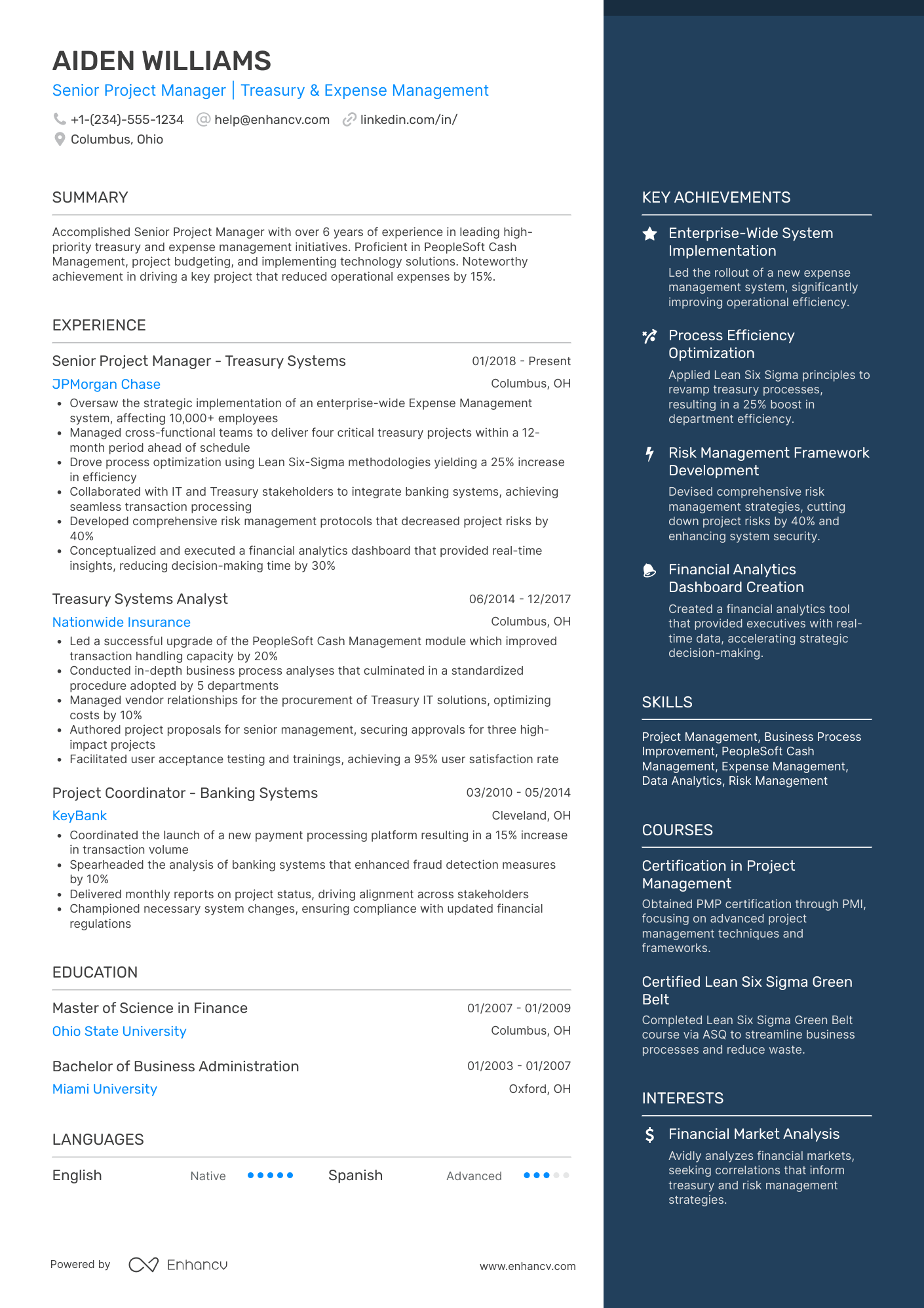A two column resume template with a wider column for experience and a narrower, blue colored column for your highlights.
