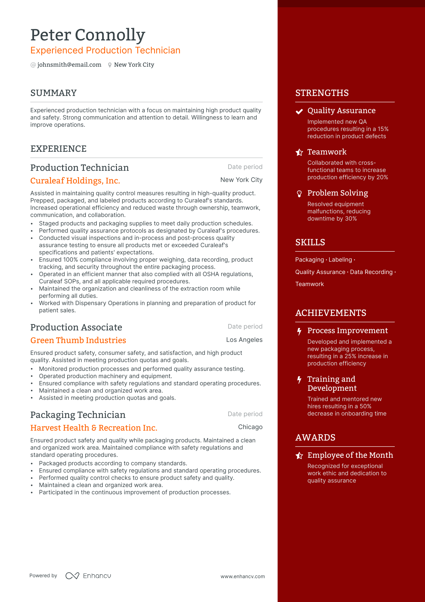 production technician resume example