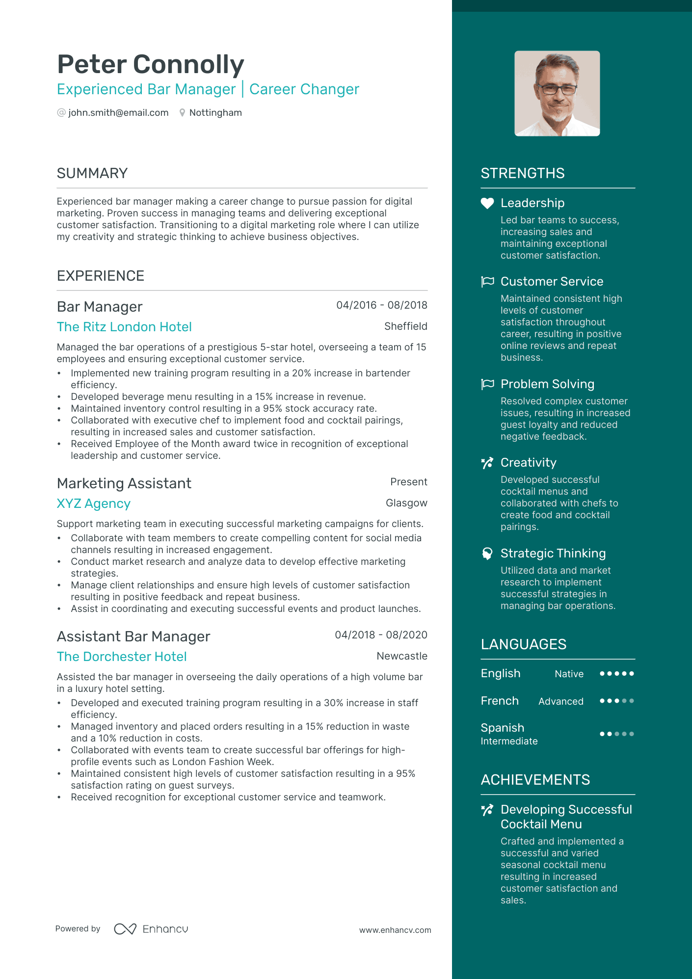 Experienced Bar Manager | Career Changer CV example
