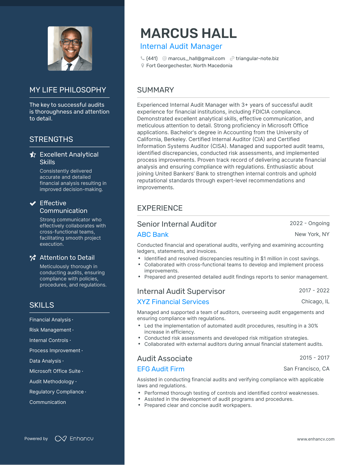 Internal Audit Manager resume example