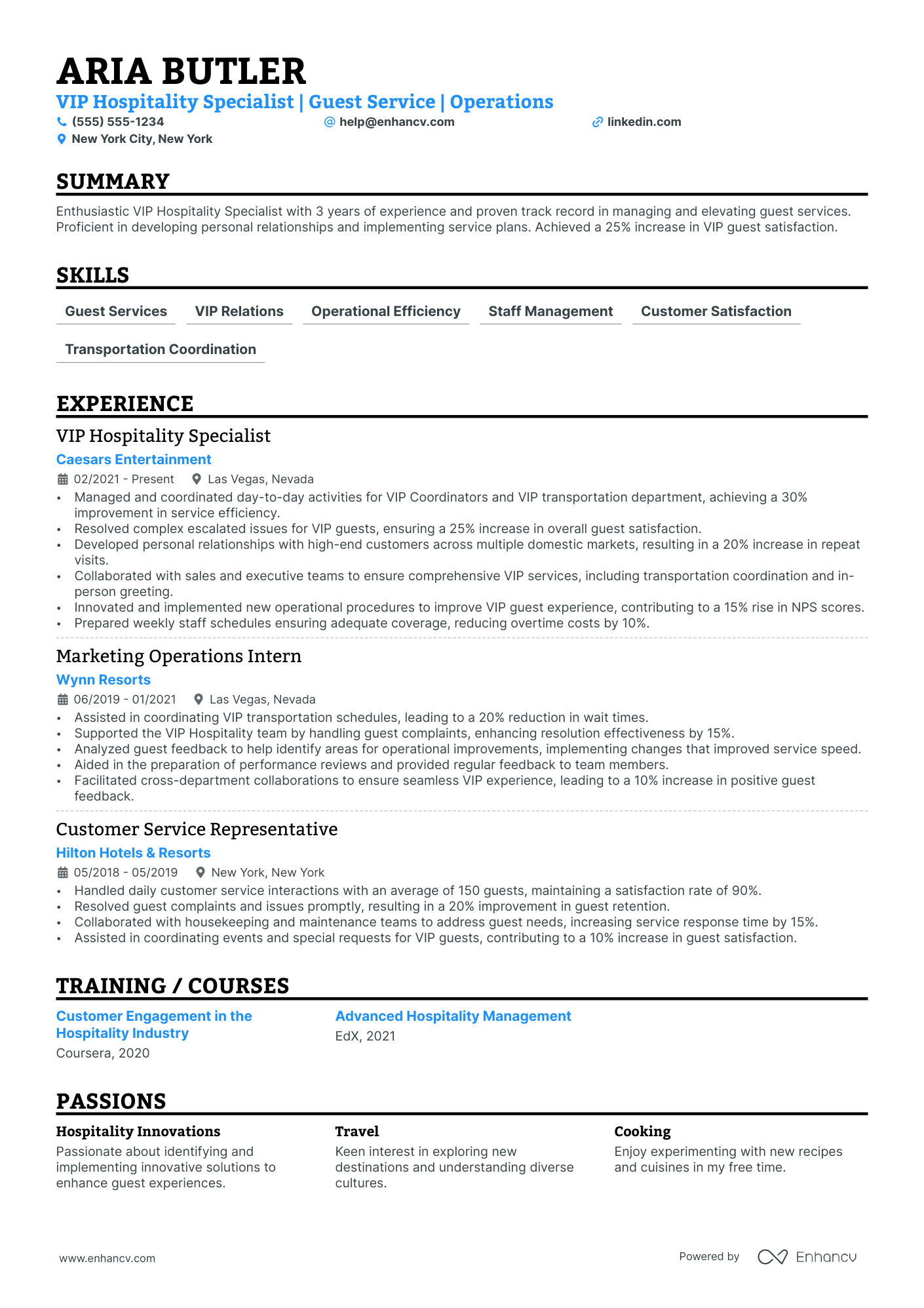 Hospitality Supervisor resume example