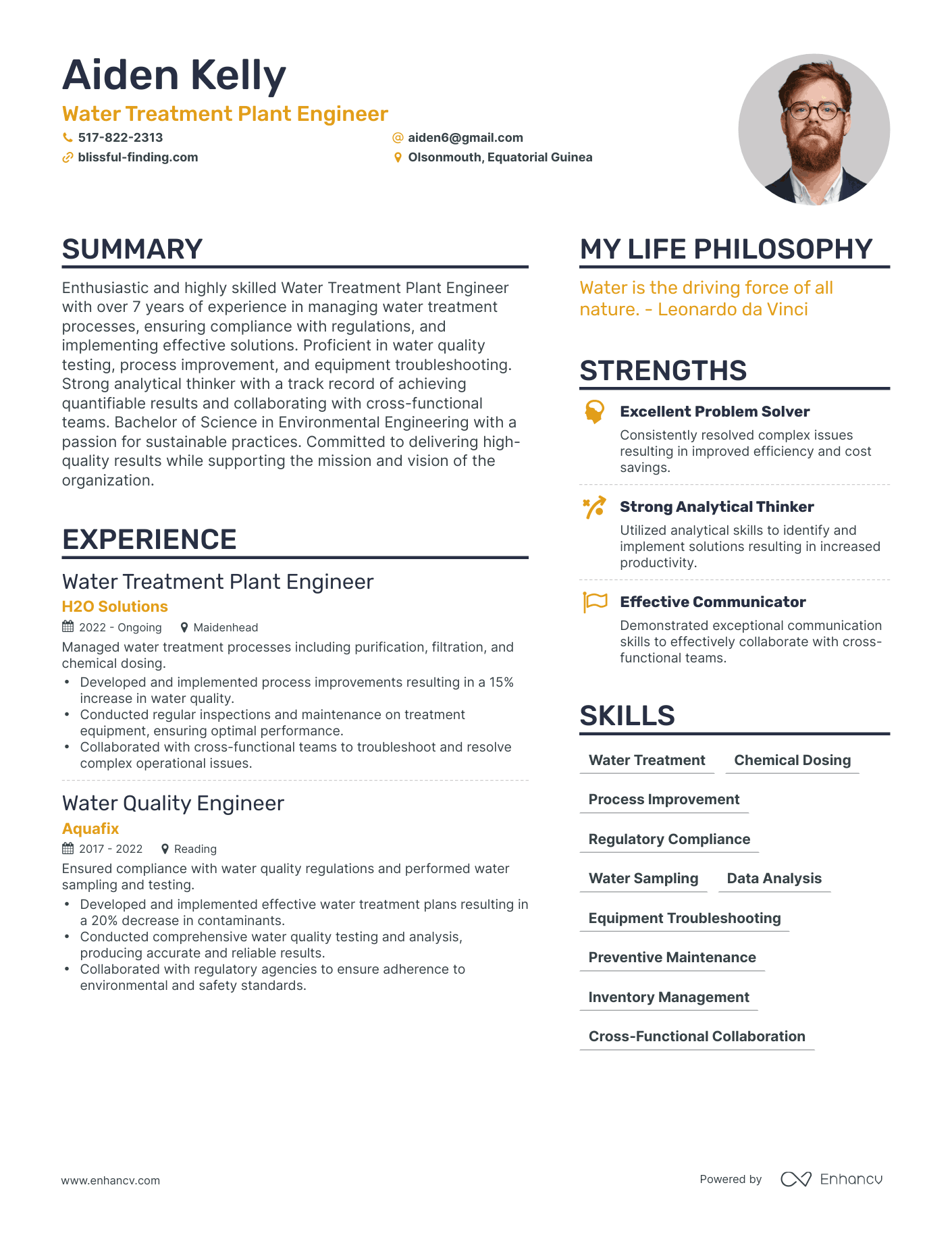 Modern Water Treatment Plant Engineer Resume Example