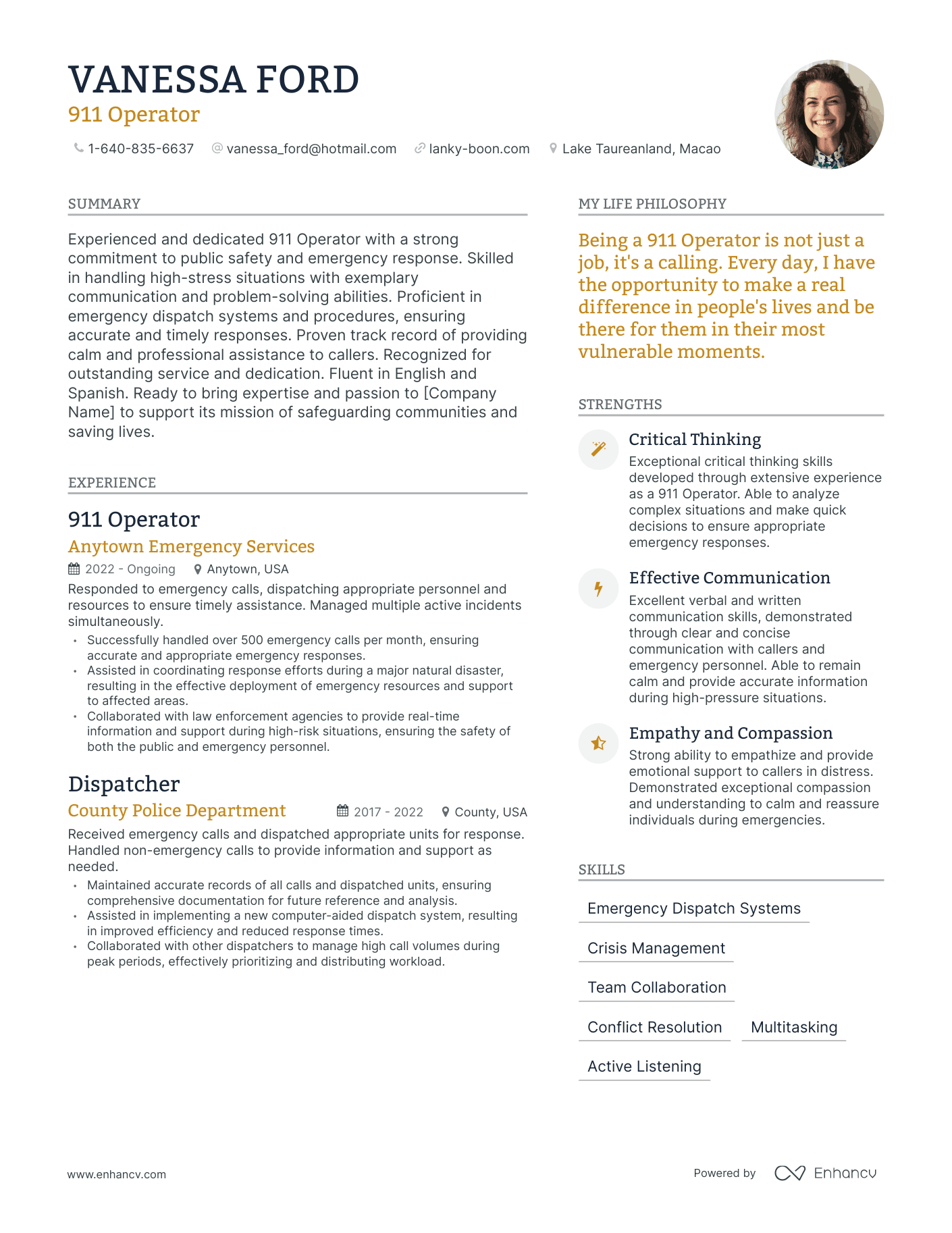 Modern 911 Operator Resume Example