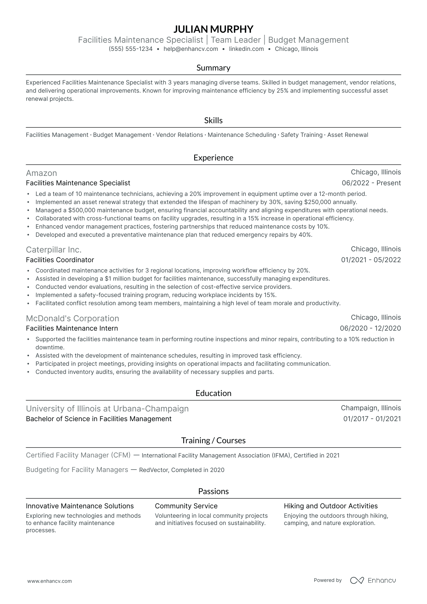 Facilities Maintenance Manager resume example