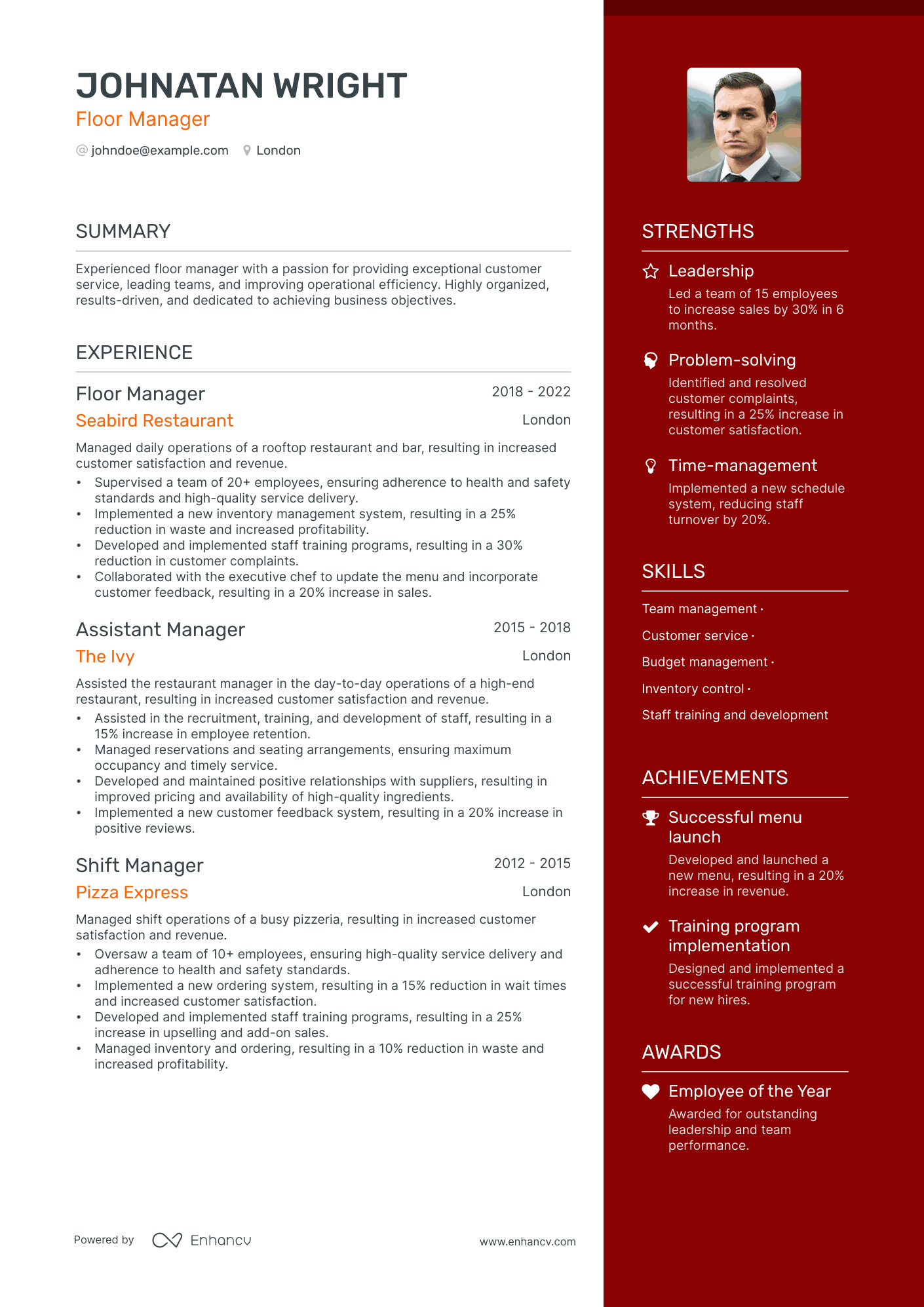 Floor Manager resume example