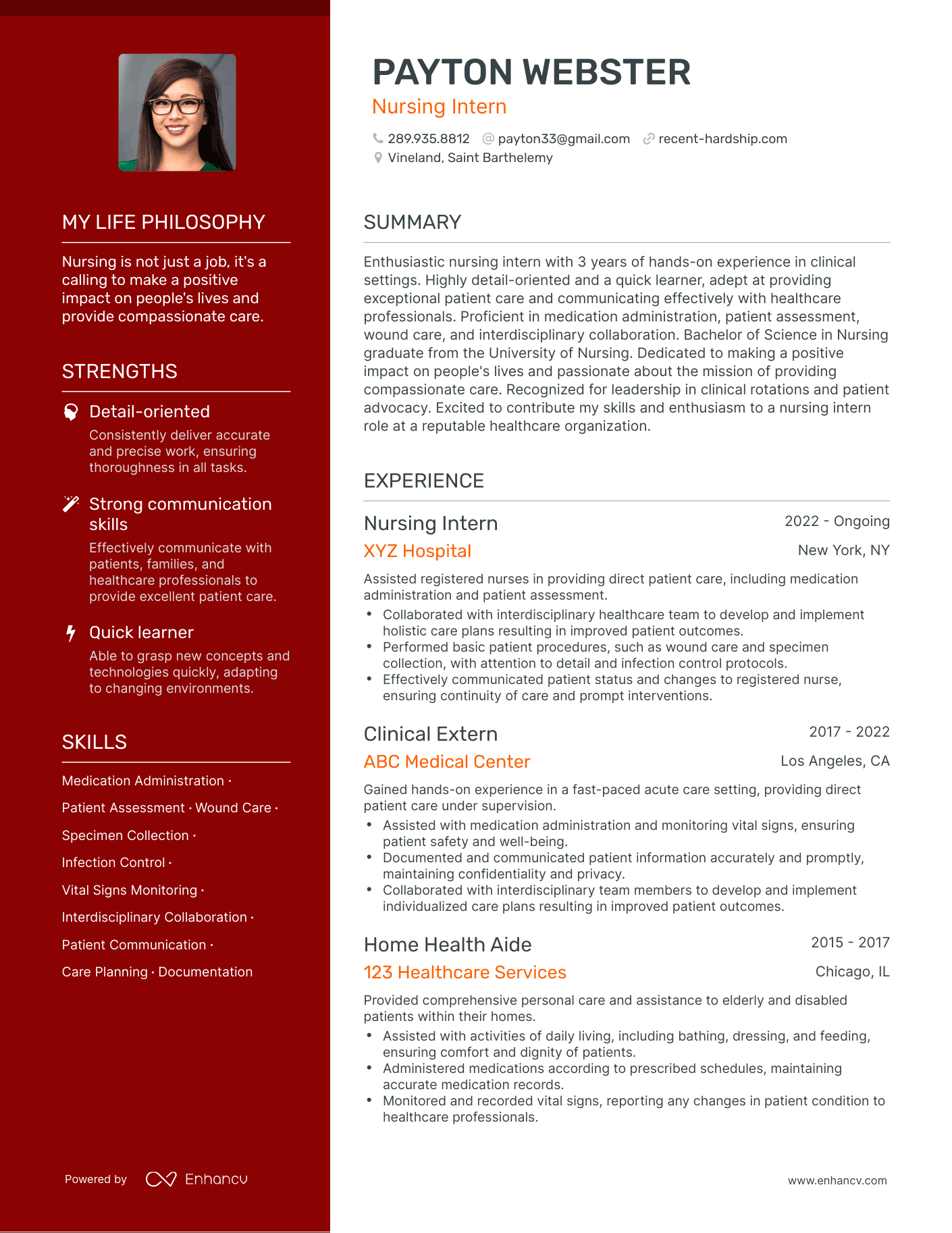Nursing Intern resume example