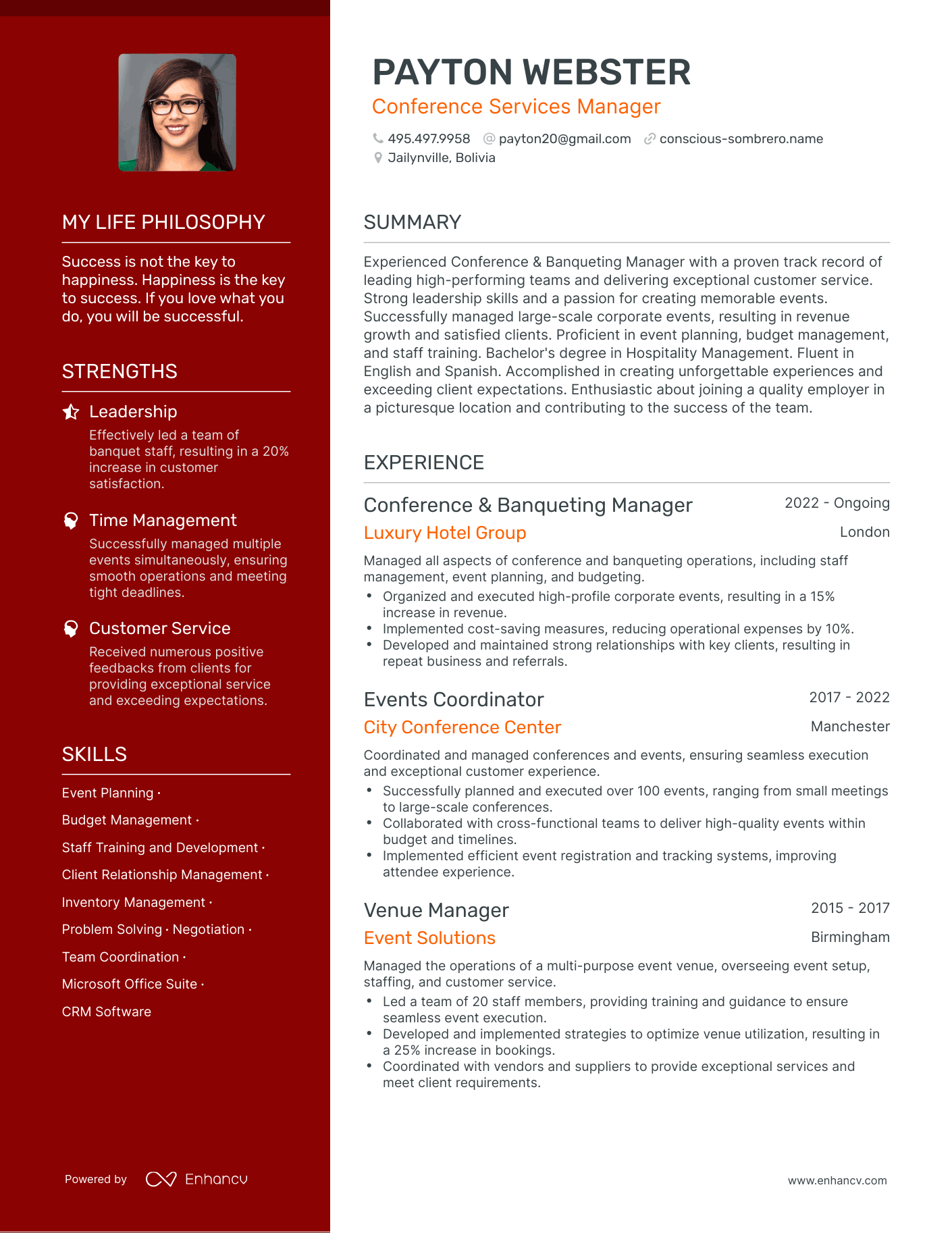 Creative Conference Services Manager Resume Example