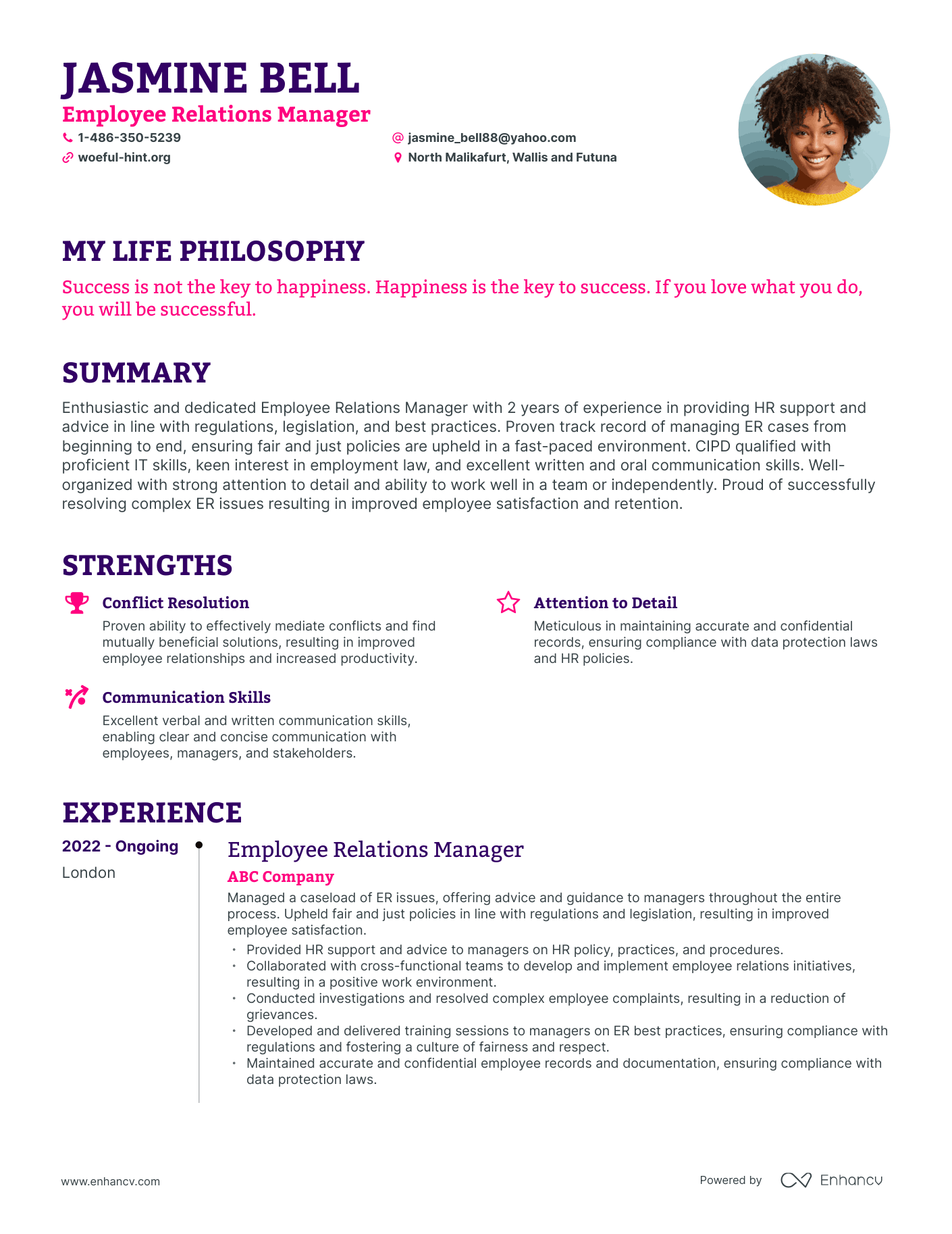 Creative Employee Relations Manager Resume Example