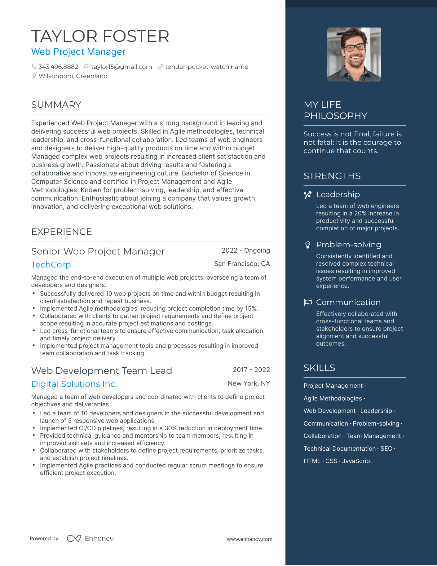 Web Project Manager resume example