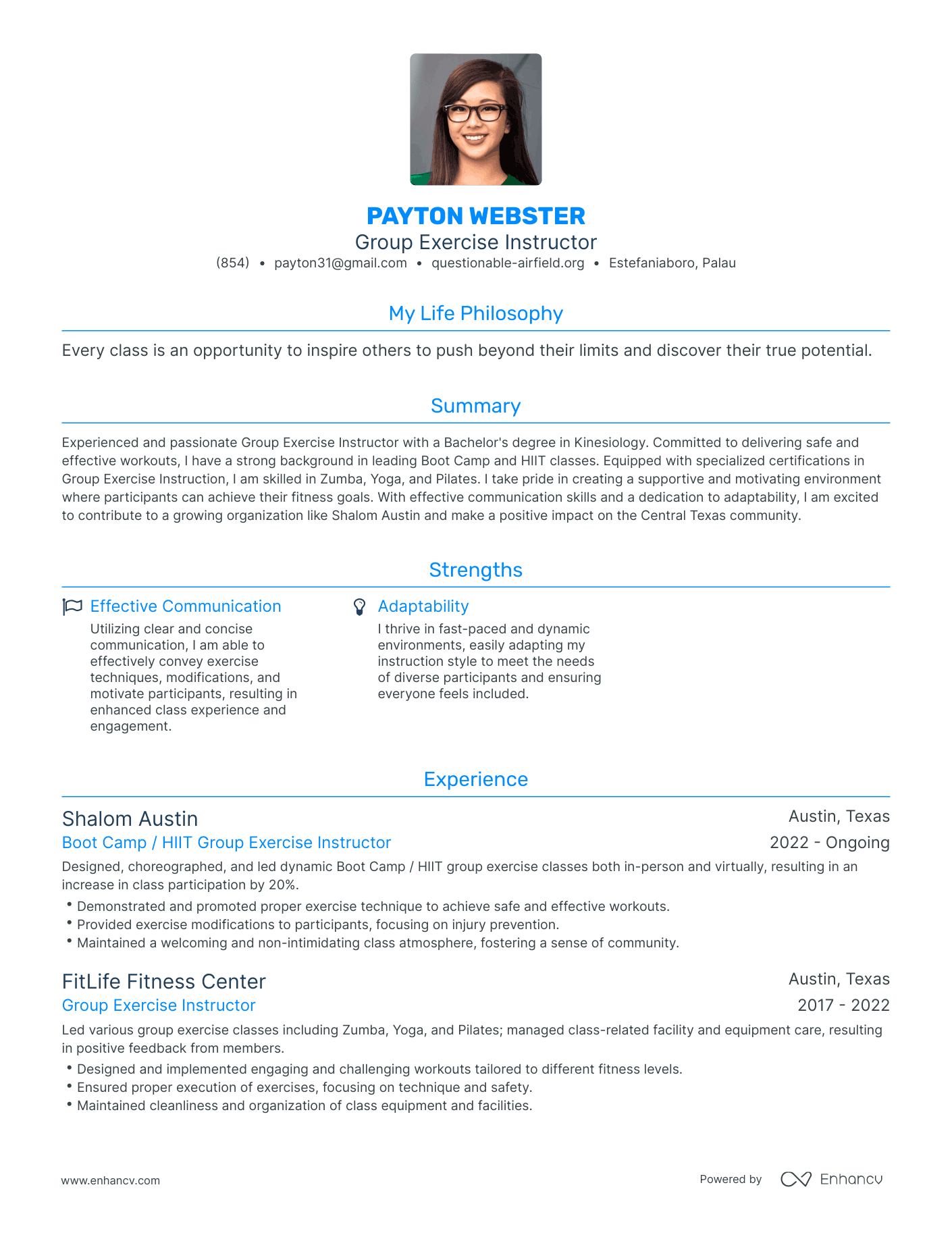 Modern Group Exercise Instructor Resume Example
