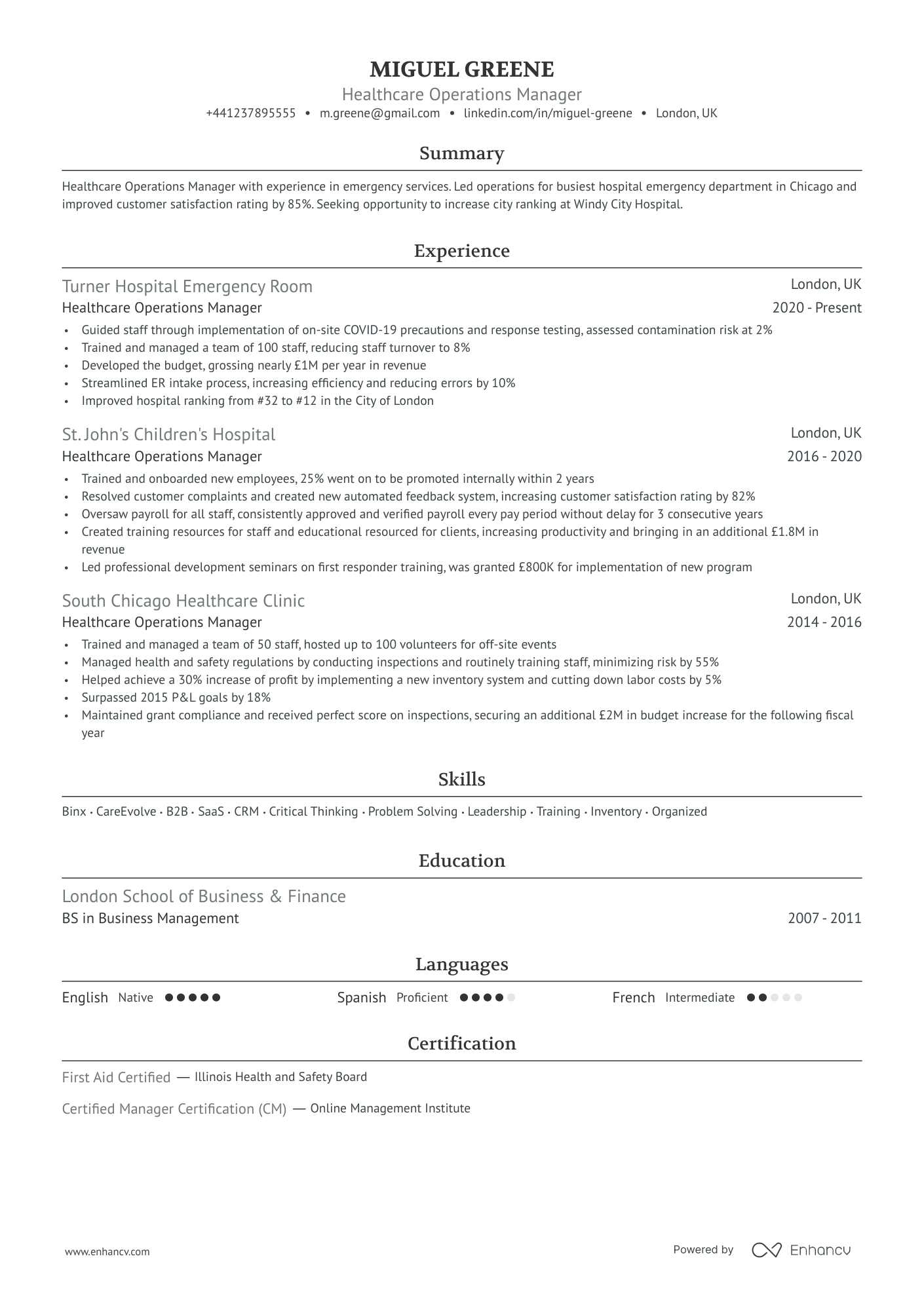 Healthcare Operations Manager CV example