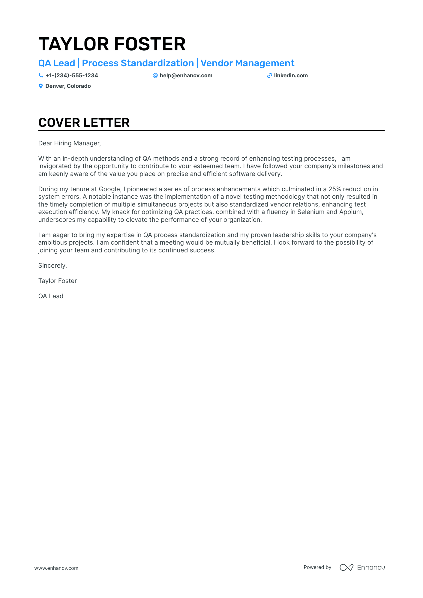 QA Lead cover letter