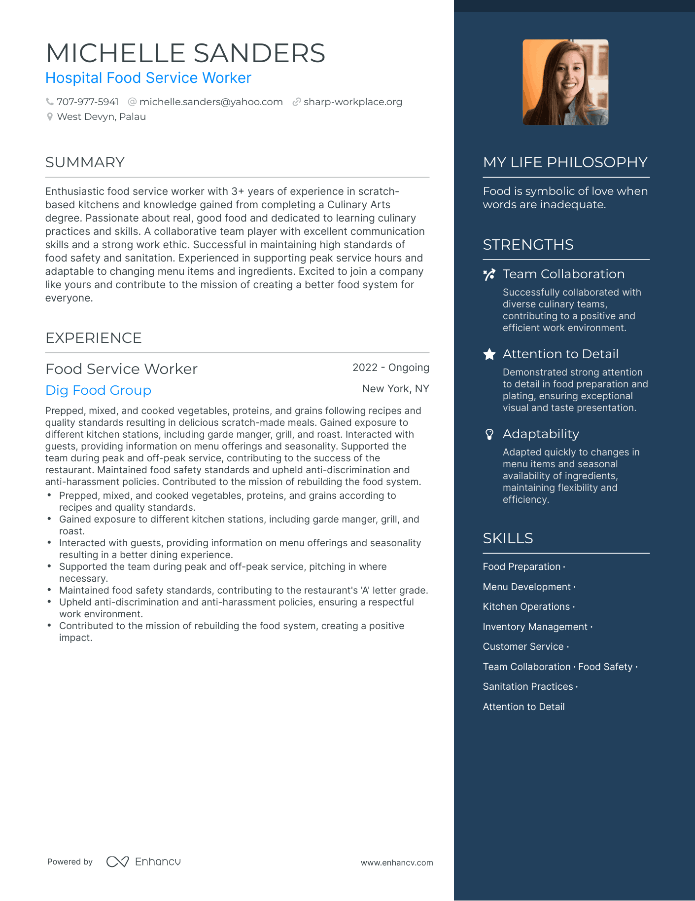 Hospital Food Service Worker resume example