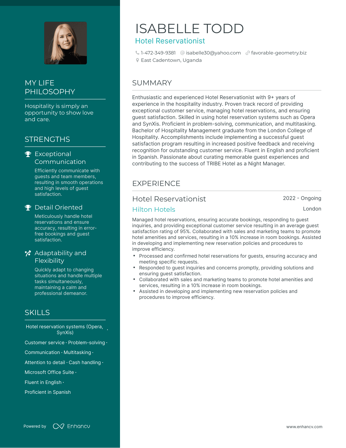 Hotel Reservationist resume example