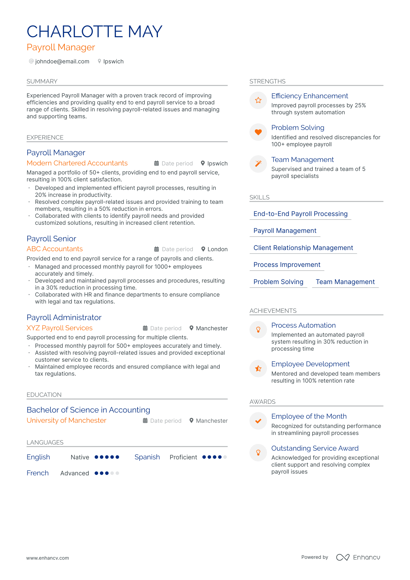 Payroll Manager resume example