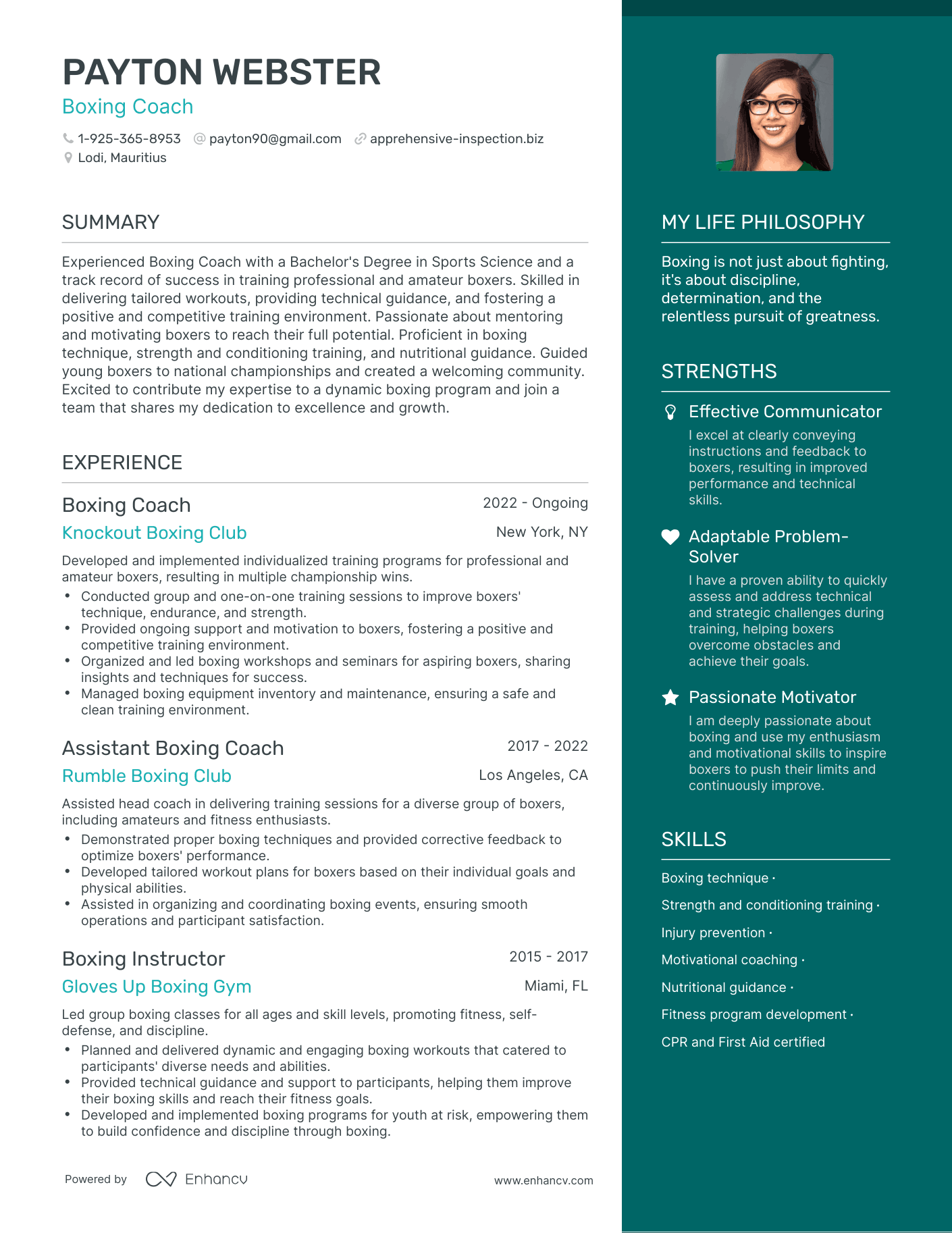 Boxing Coach resume example