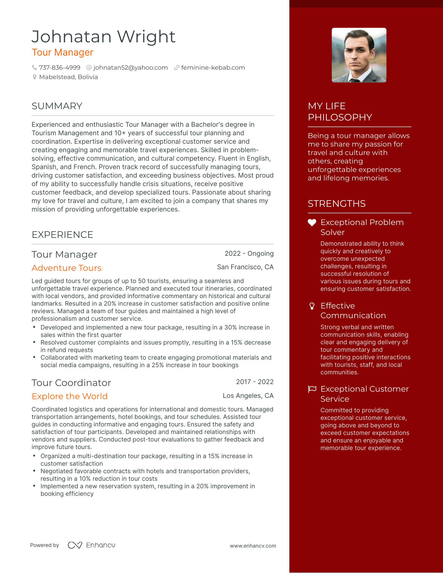 Modern Tour Manager Resume Example