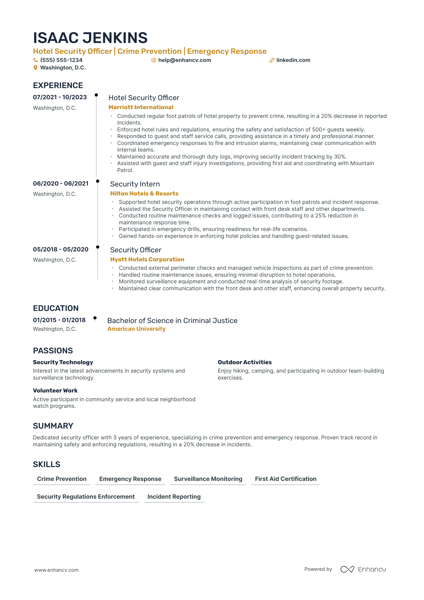 Hotel Security Guard resume example