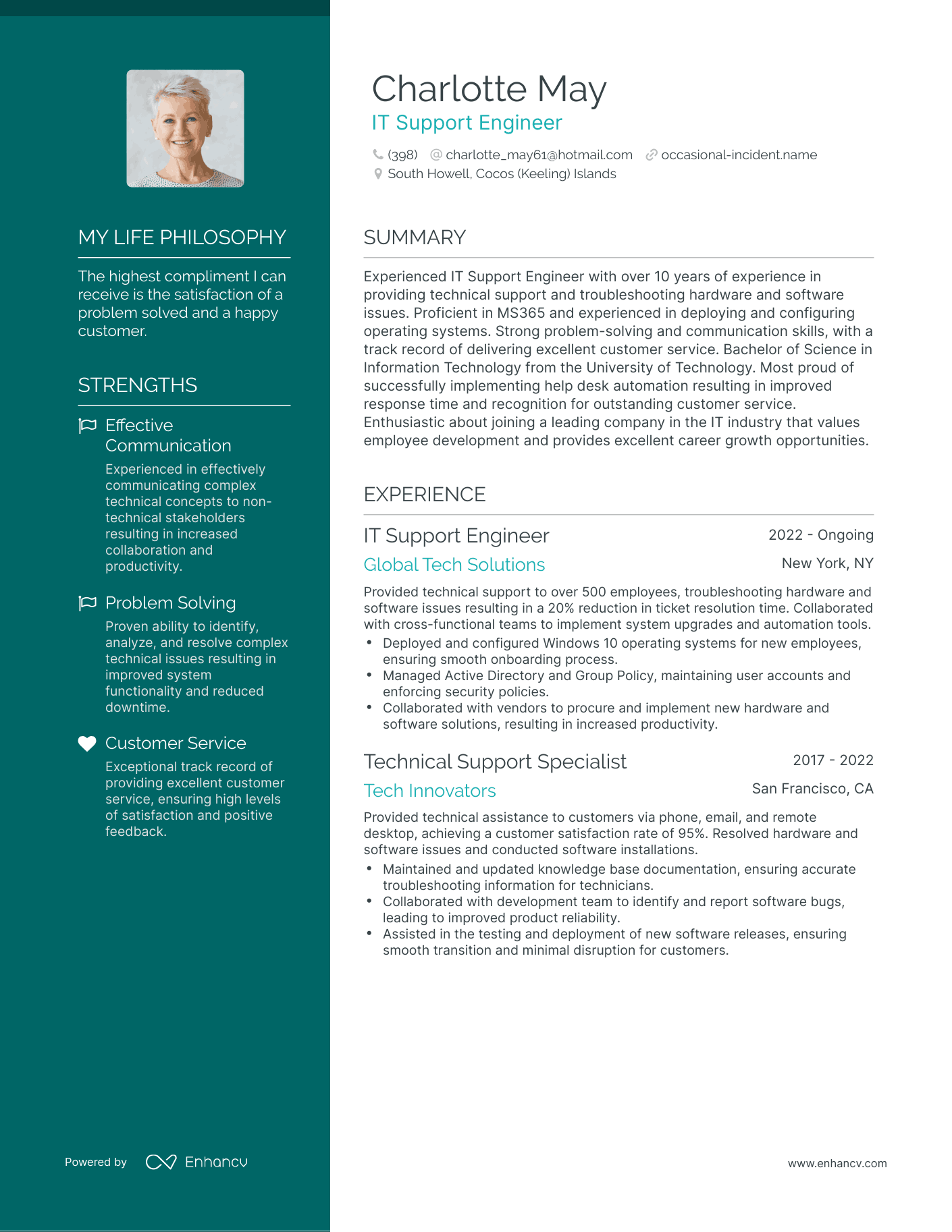 Creative IT Support Engineer Resume Example