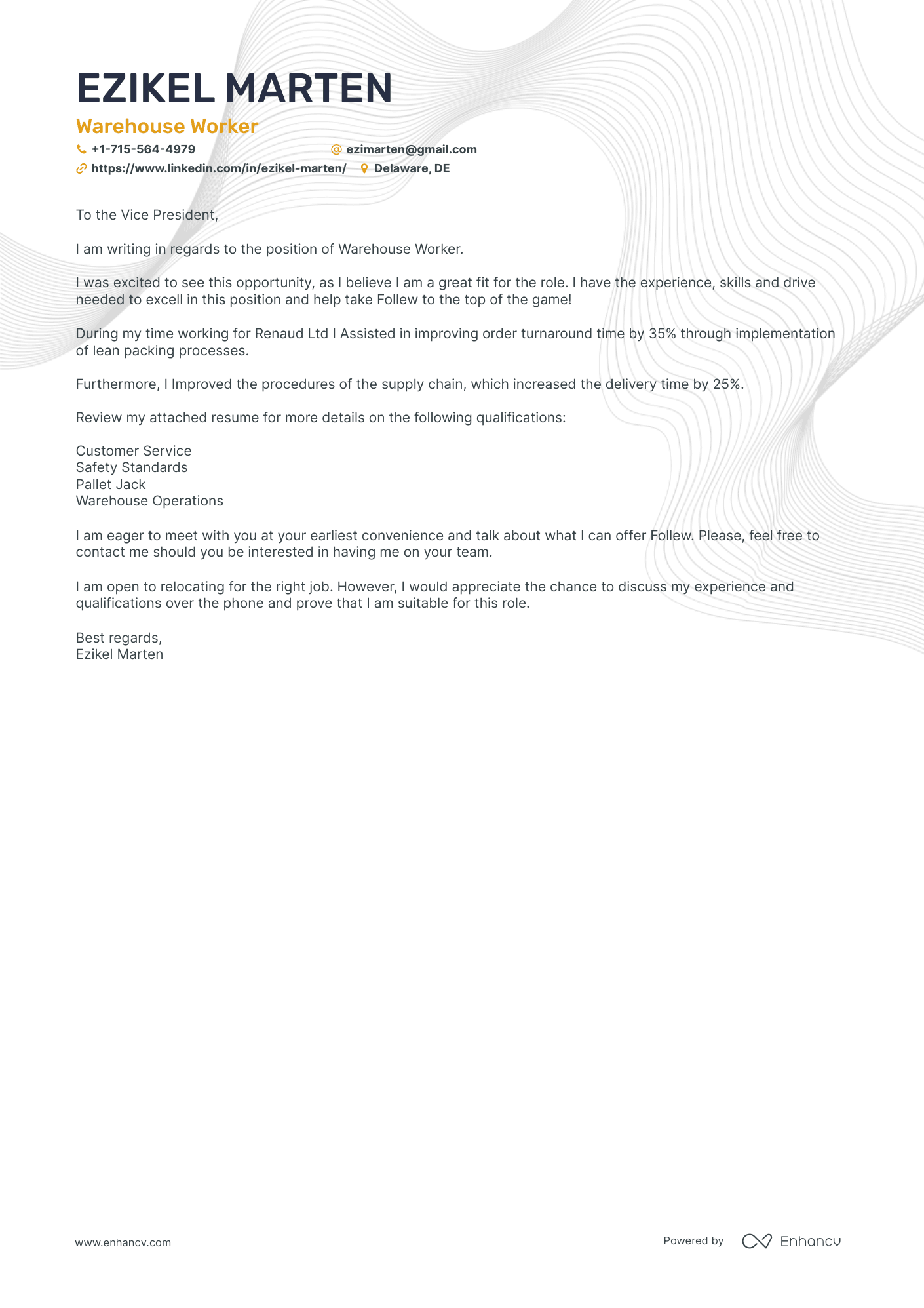 Warehouse Worker cover letter