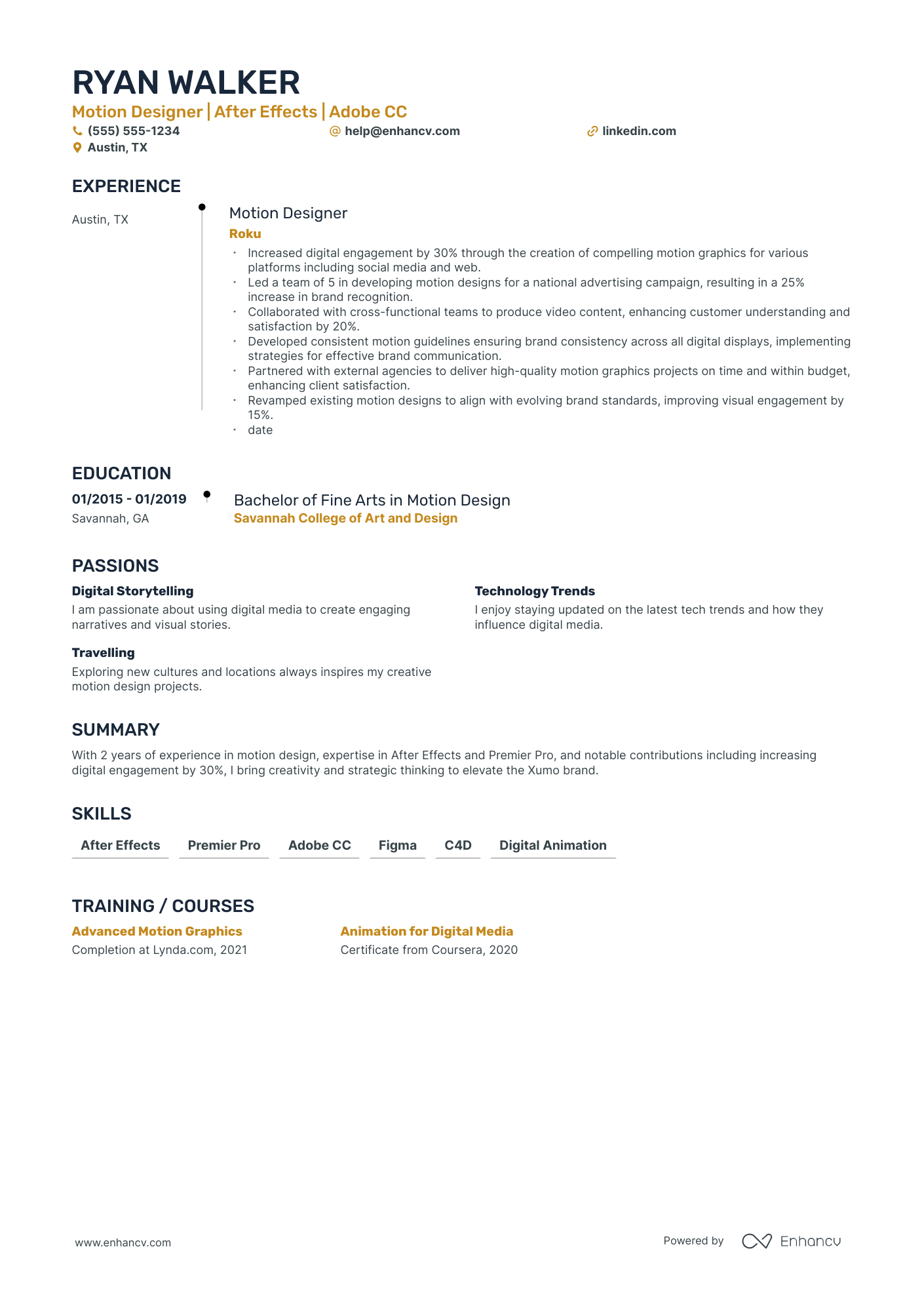 Motion Graphic Designer resume example