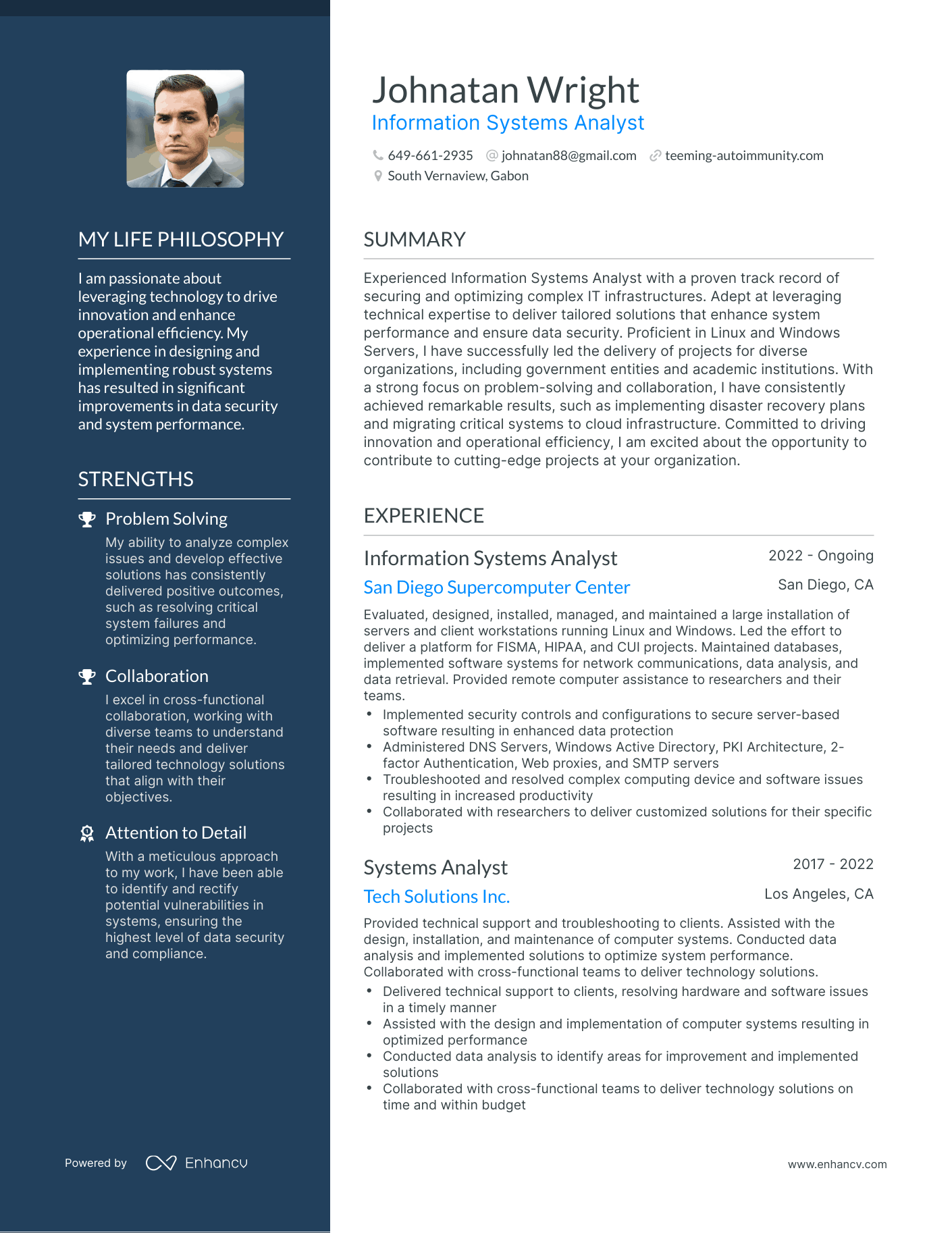 Information Systems Analyst resume example