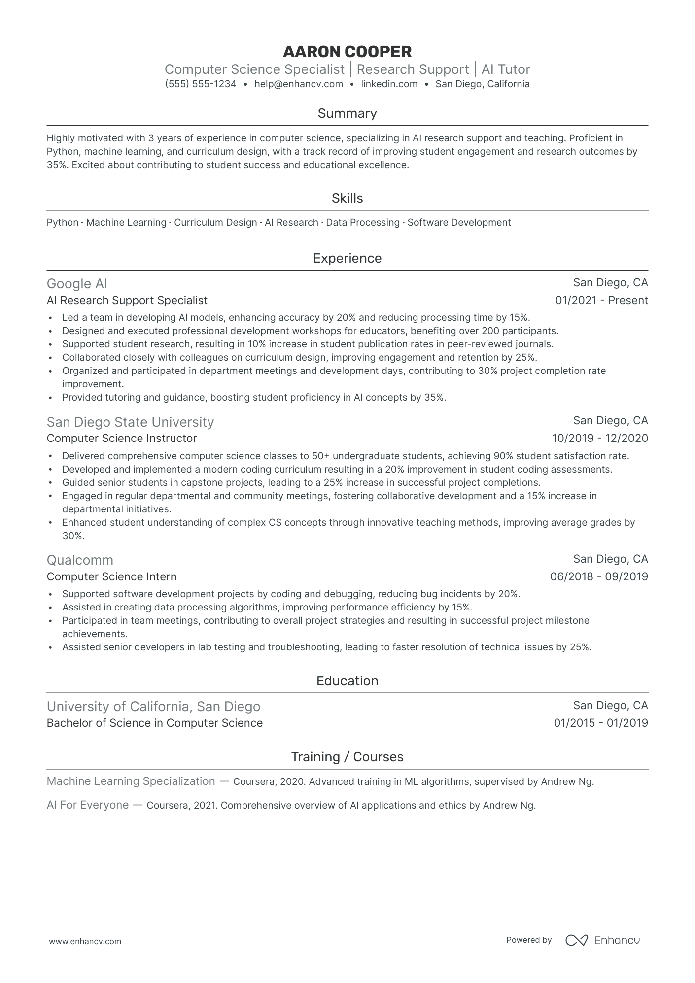 Computer Science Specialist resume example